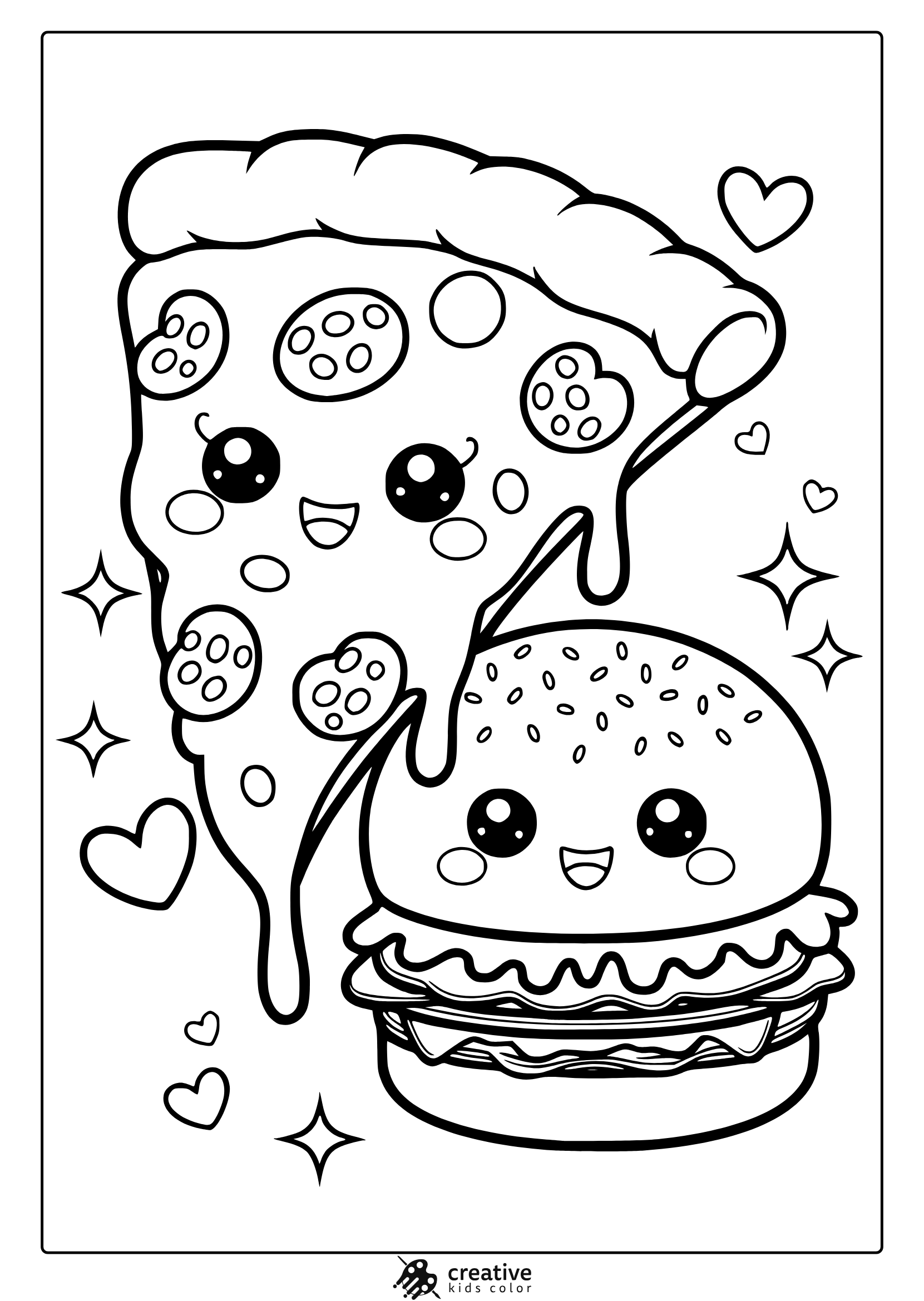Kawaii Pizza And Hamburger Coloring Page Featuring A Smiling Pizza Slice And A Happy Burger, Decorated With Hearts And Sparkles.