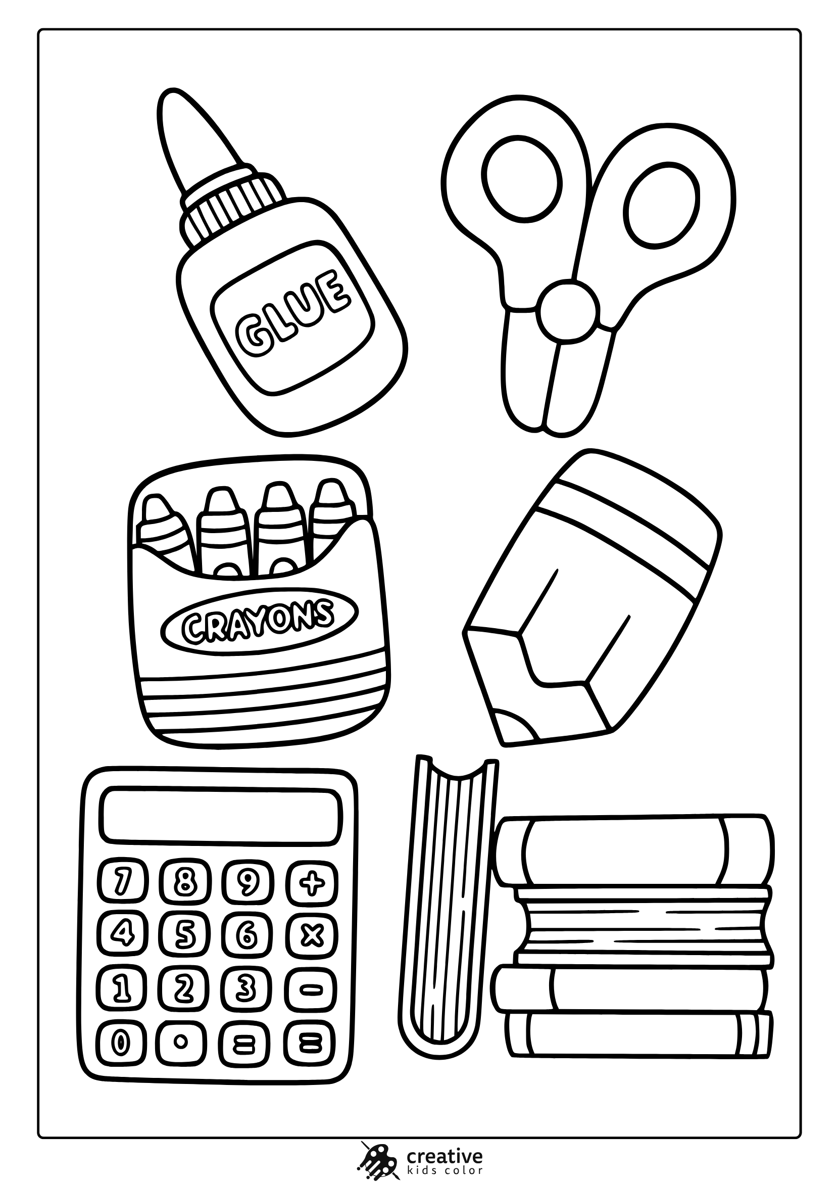 Coloring Page With Kawaii School Tools Like Glue, Crayons, Books, And Calculator.