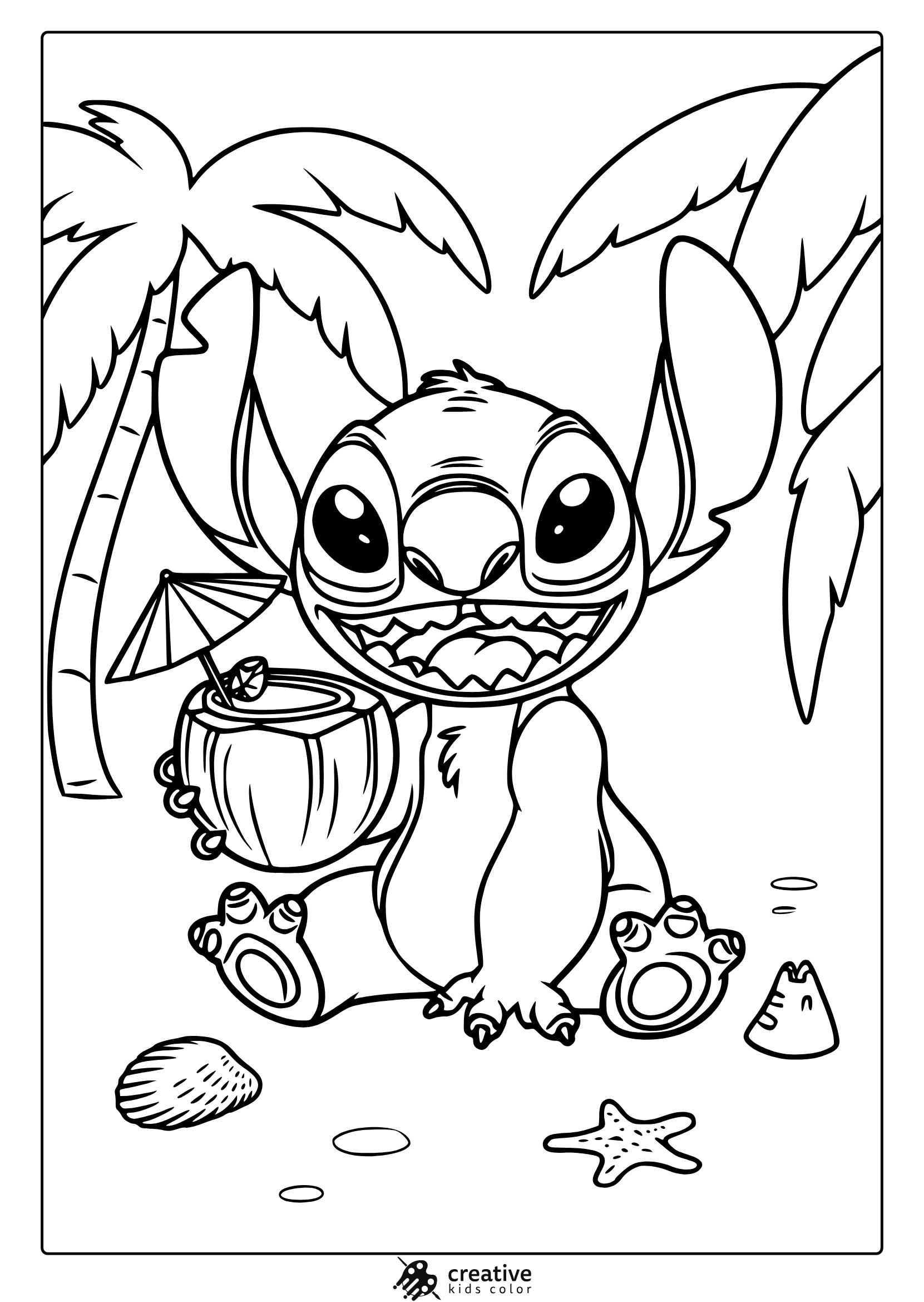 Kawaii Stitch Coloring Page Featuring Stitch On A Beach With A Coconut Drink, Palm Trees, And A Seashell For A Tropical Vibe.