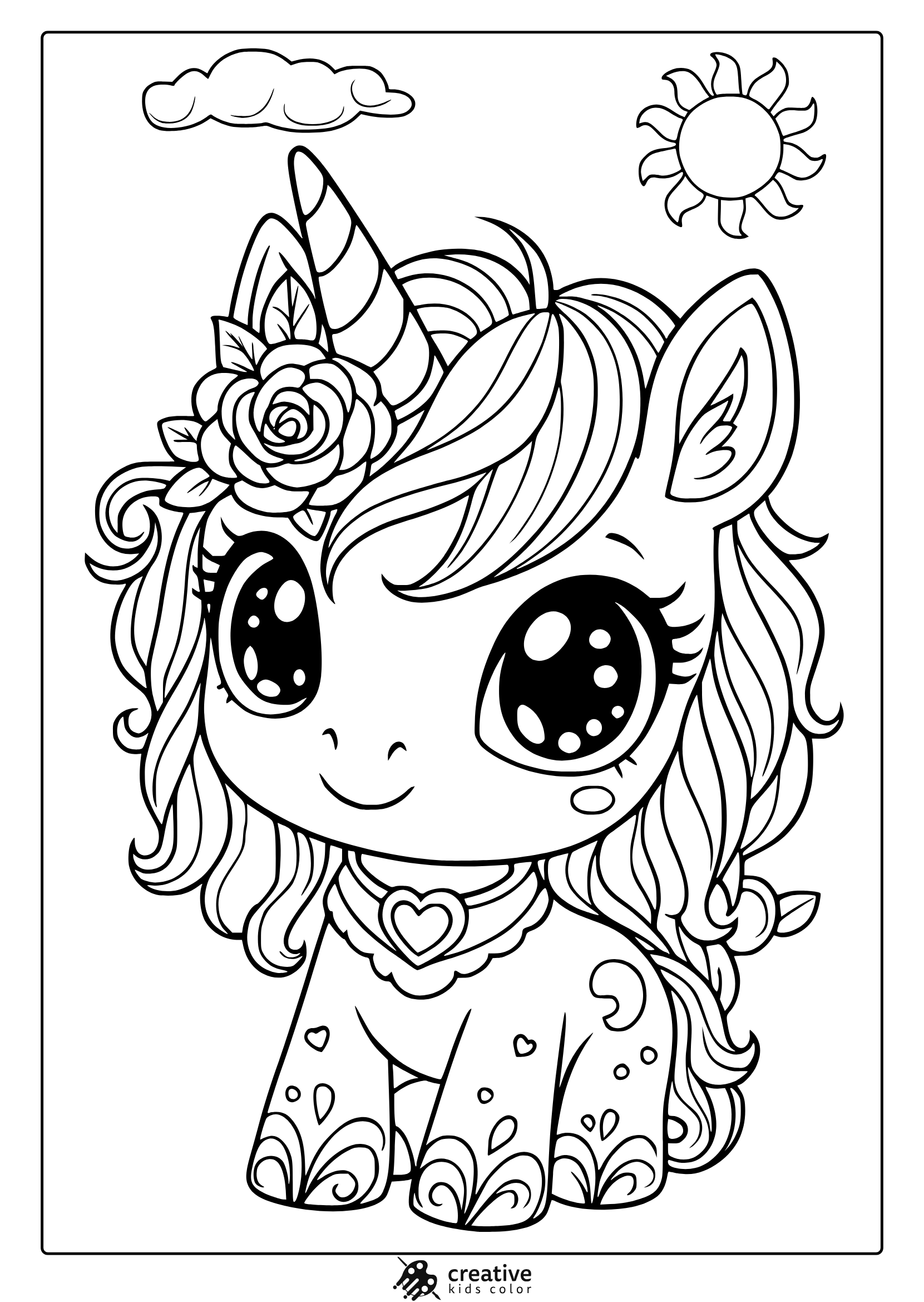 Kawaii Unicorn With Rose-Decorated Horn And Heart Necklace In A Simple Sunny Coloring Page.