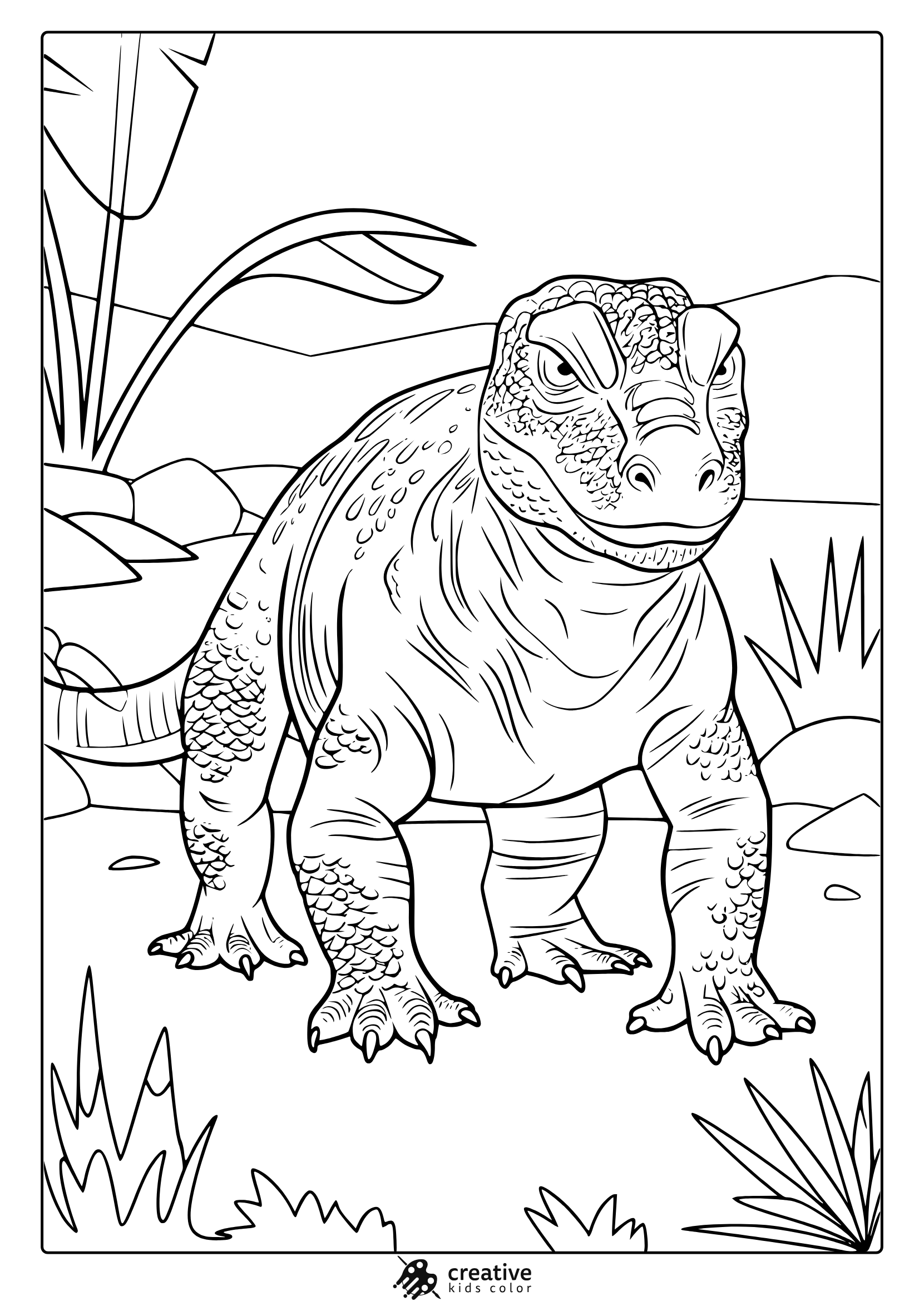 A Komodo Dragon Coloring Page Featuring A Detailed Reptilian Creature In A Tropical Setting, Perfect For Nature Lovers.