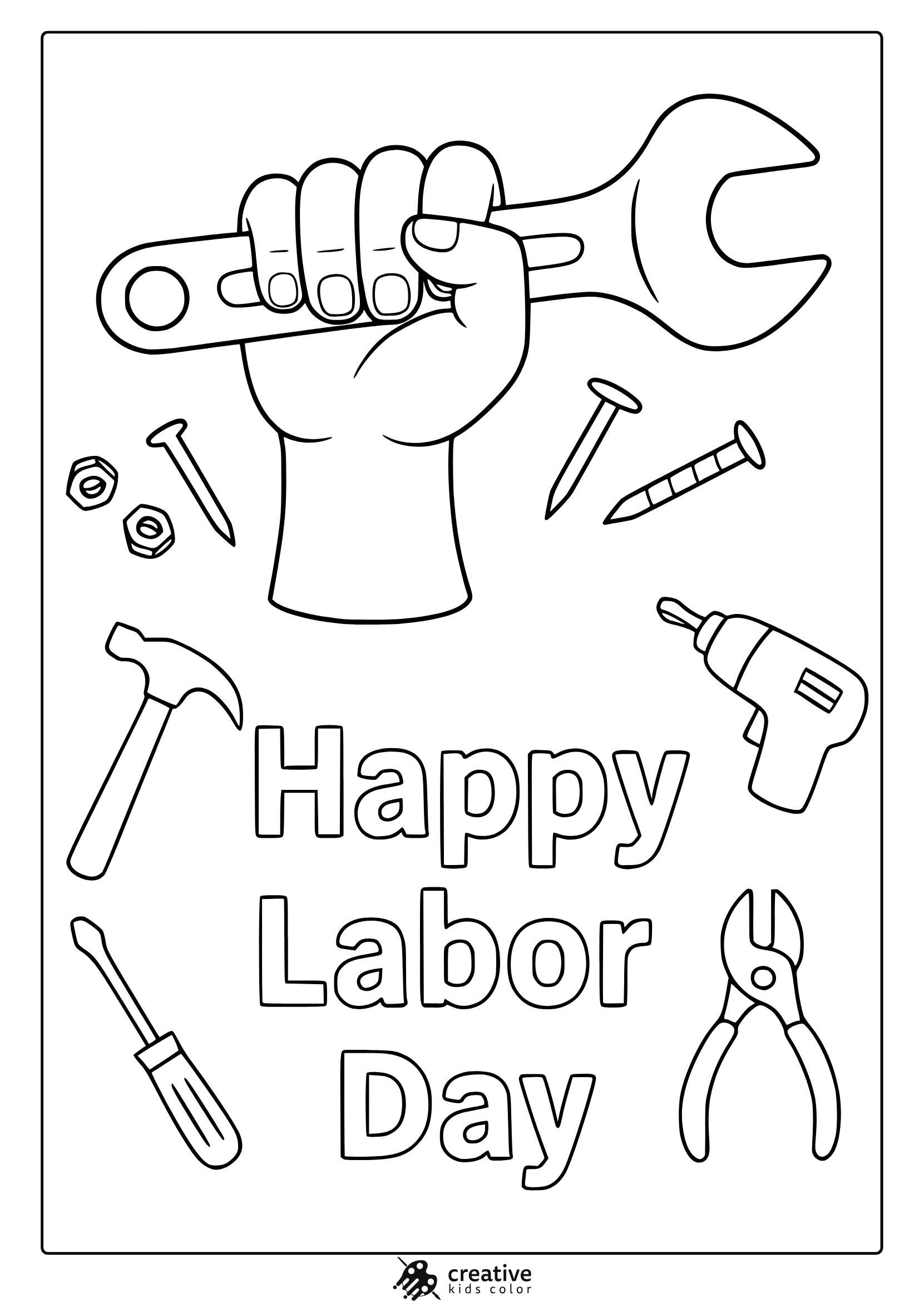 Labor Day Equipments Coloring Page With Wrench, Hammer, Drill, And Pliers In Simple Black And White Art.