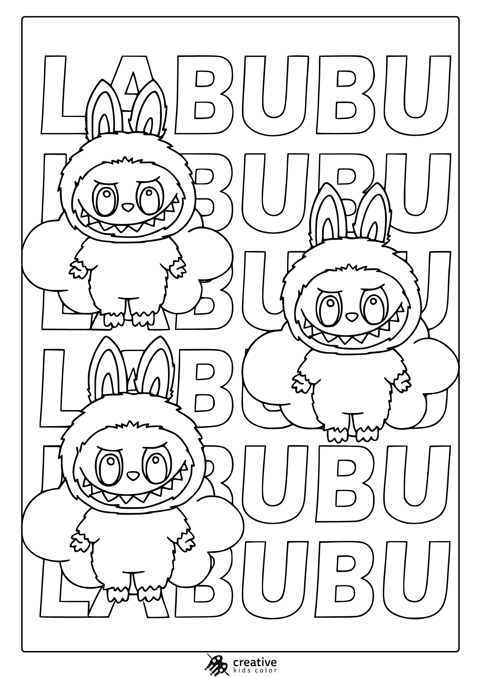 Four Identical Labubu Figures Arranged In A Grid With Repeating Bold Text In A Coloring Page.