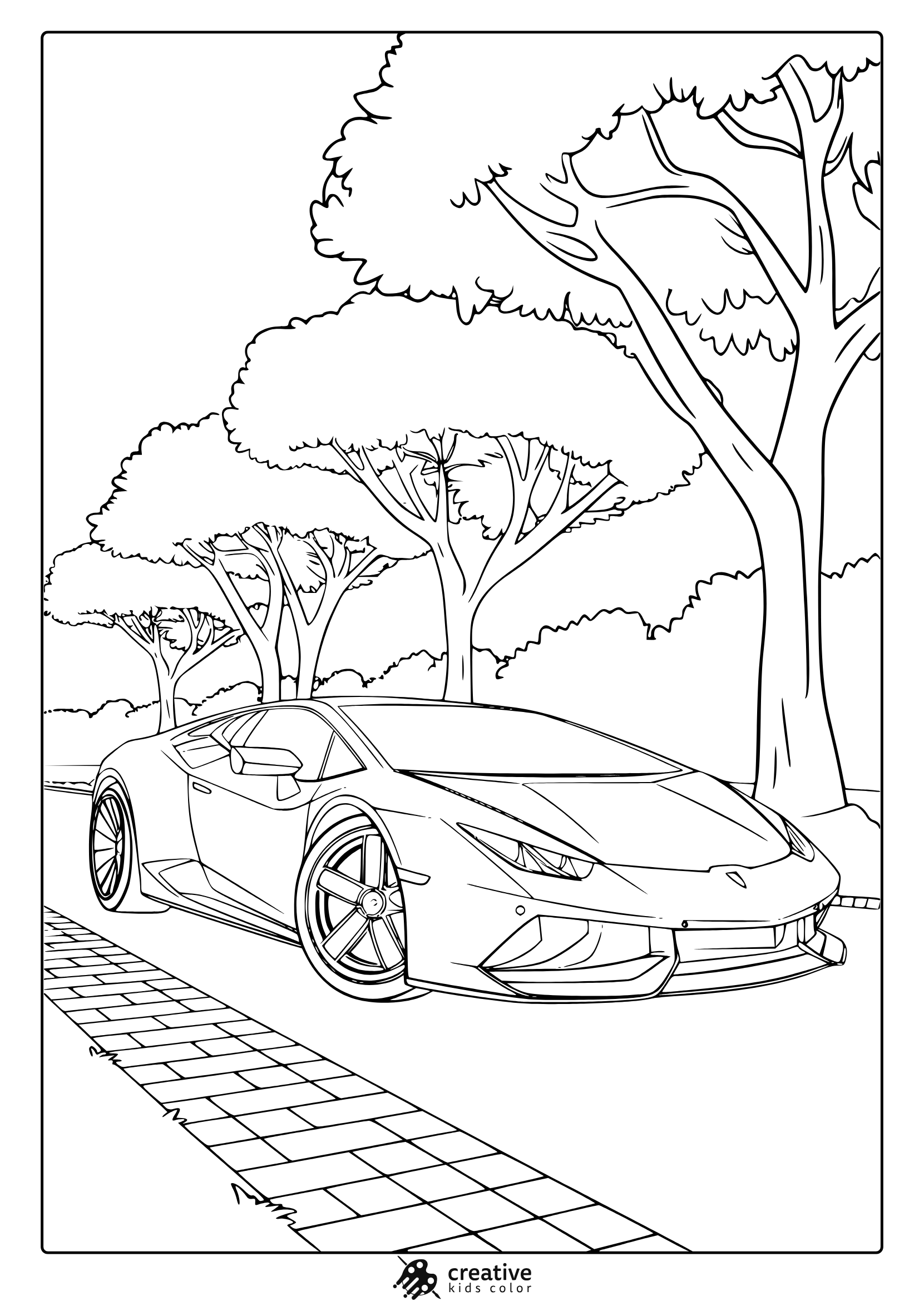 A Lamborghini Sports Car On A Paved Road With Trees, Ideal For A Lamborghini Car Coloring Page.