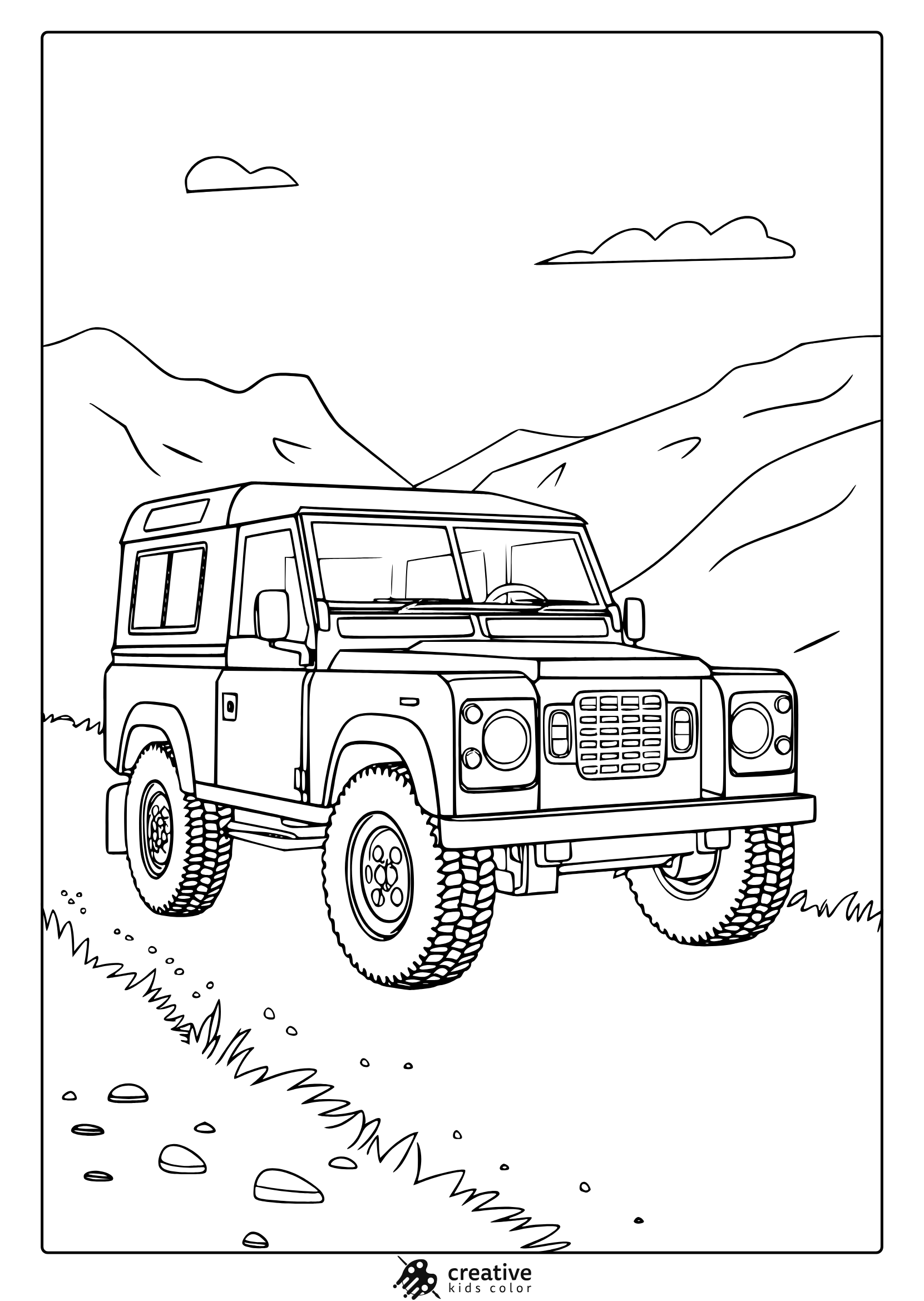 A Land Rover Suv On A Dirt Path With Rolling Hills, An Adventurous Land Rover Coloring Page.