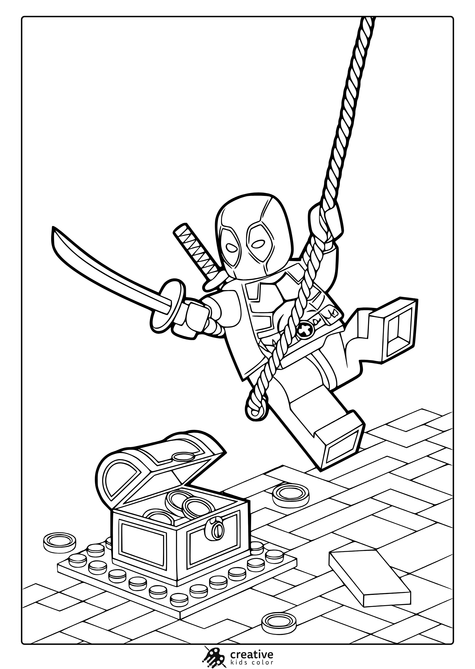 Lego Deadpool Coloring Page Featuring The Character Swinging With A Sword And Shield, Fun For Young Fans To Color.