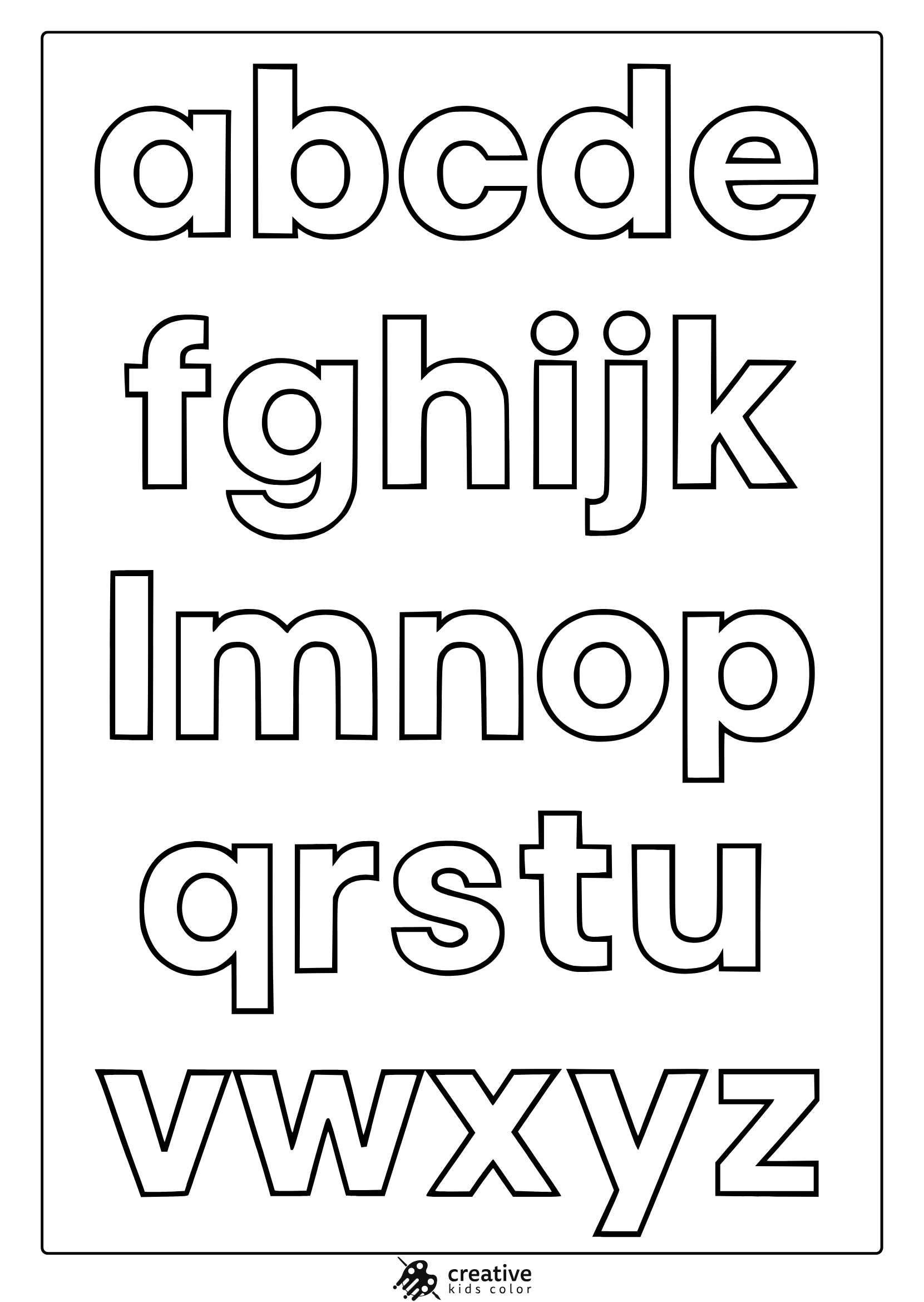Coloring Page With Rounded Lowercase Alphabet Letters From A To Z In Six Neat Rows.