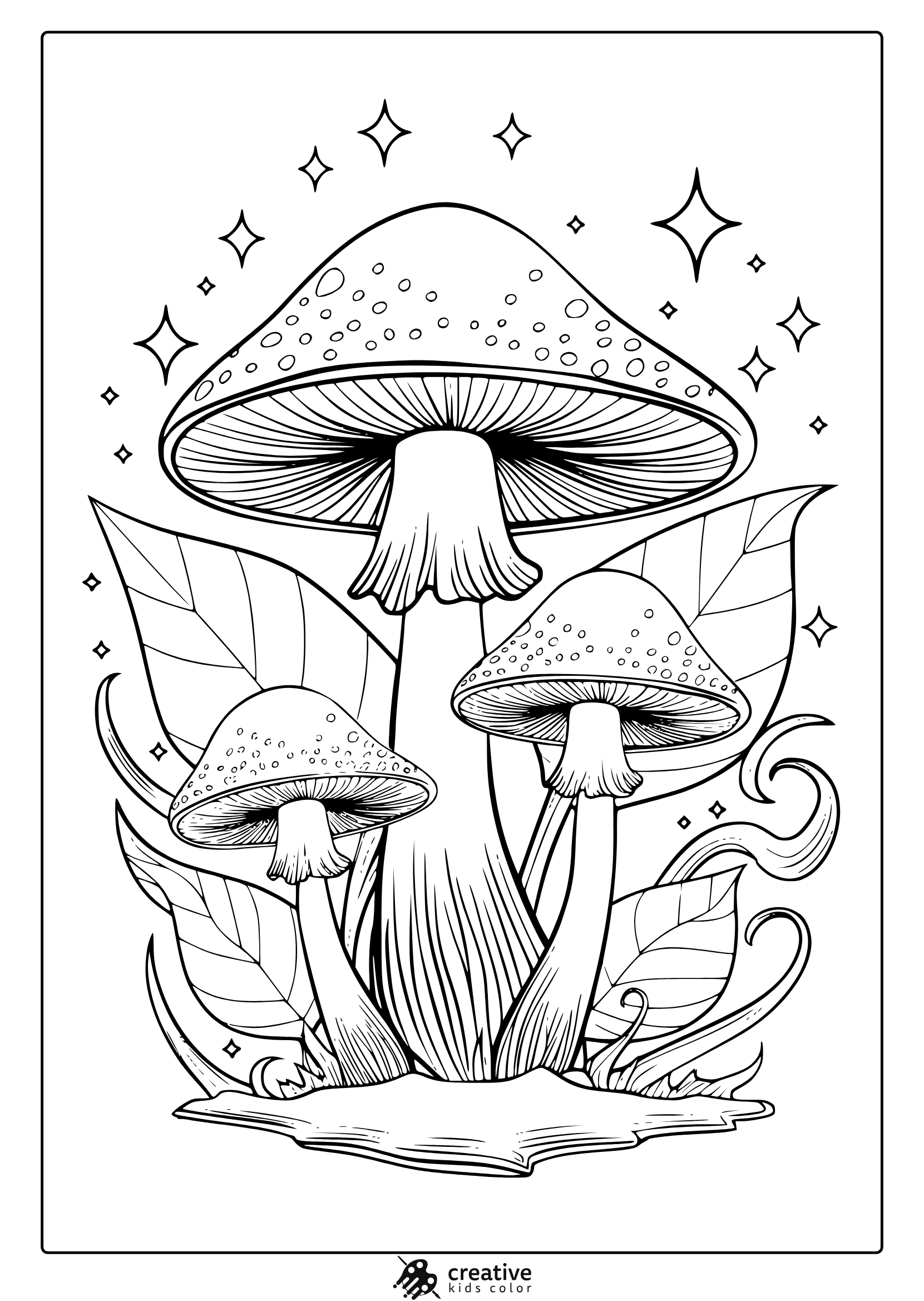 Group Of Three Mushrooms With Leaves And Stars Surrounding Them In This Magical Mushroom Coloring Page.
