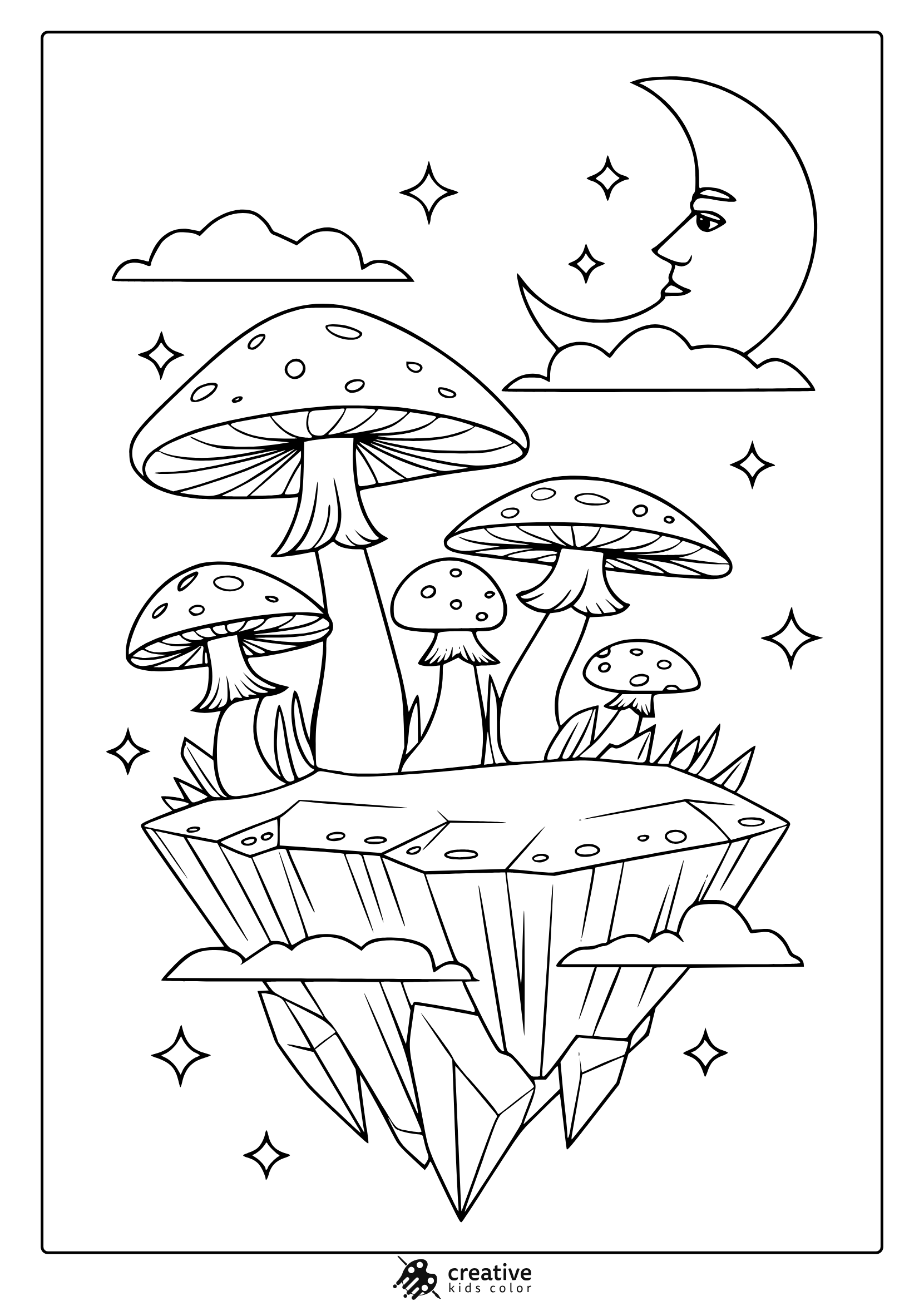 Fantasy Mushrooms On A Floating Platform In Space With Clouds And Stars In This Magical Coloring Page.