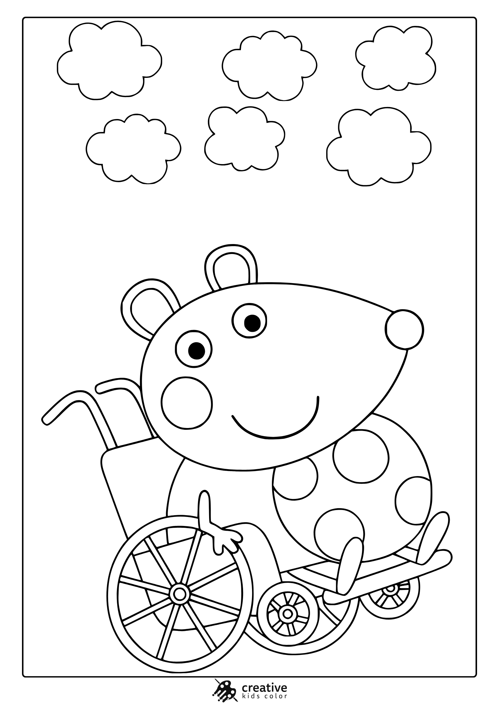 Mandy Mouse Coloring Page With Detailed Wheelchair And Clouds Above.