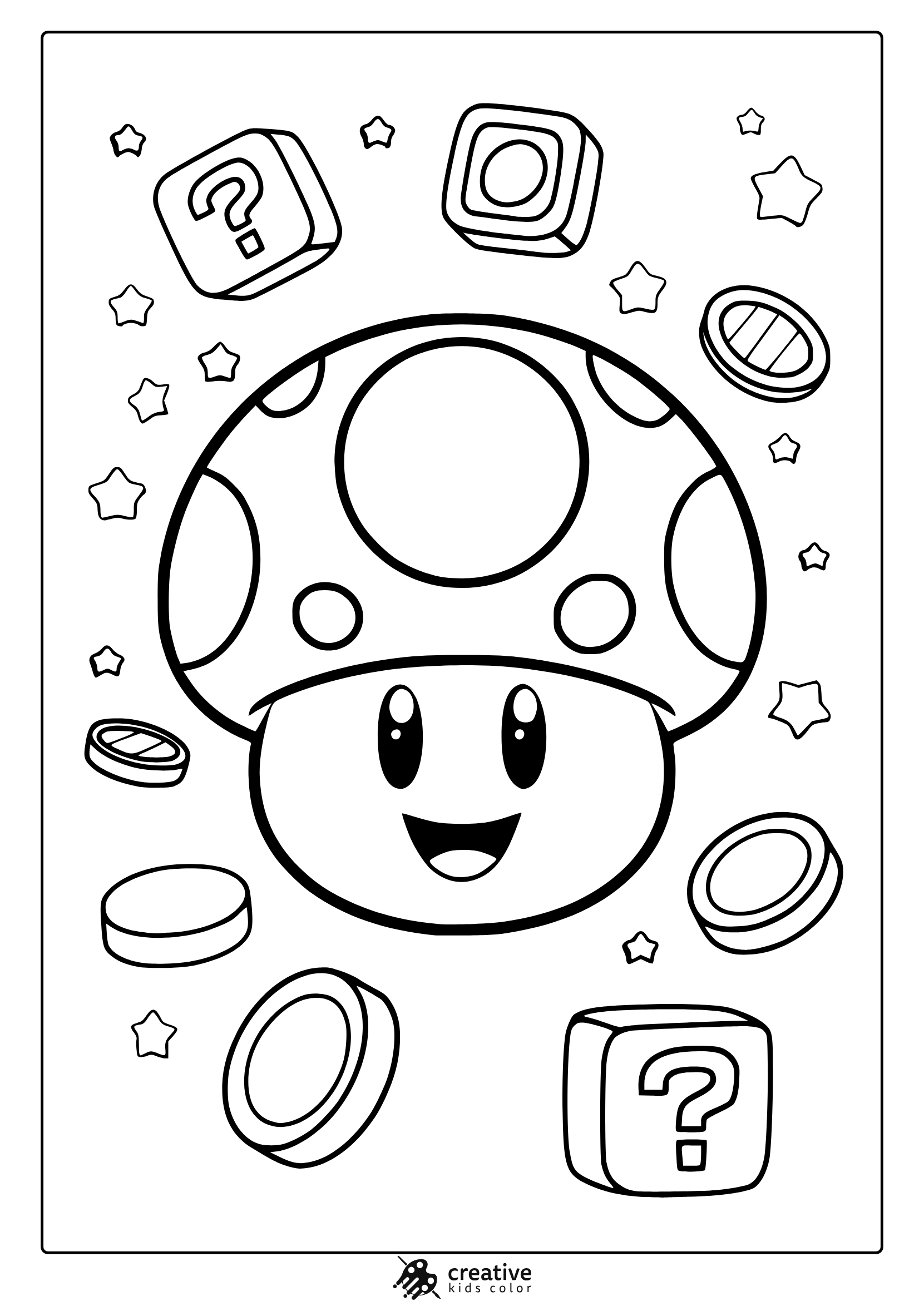 Playful Mushroom Character With Stars, Coins, And Symbols Inspired By Mario In This Coloring Page.