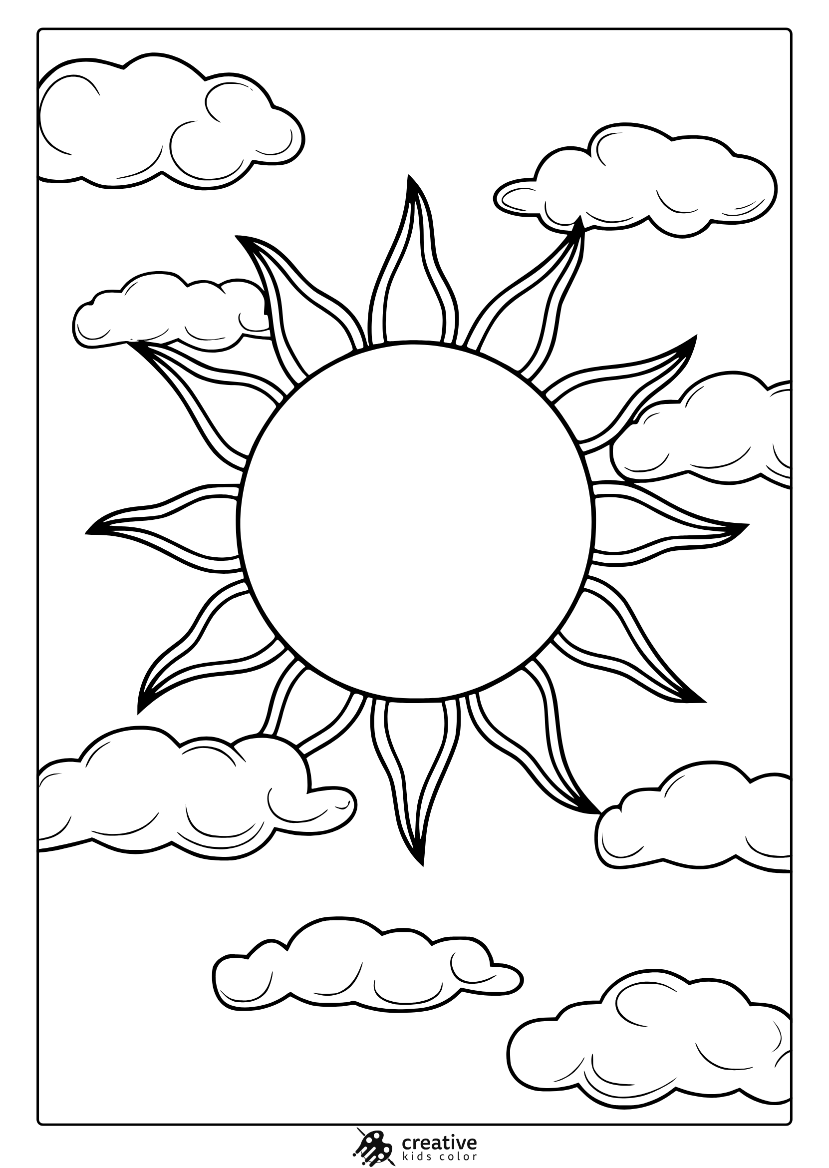 A May Sunshine Coloring Page With A Radiant Sun At The Center, Multiple Rays, And Soft Clouds In Various Shapes And Sizes.