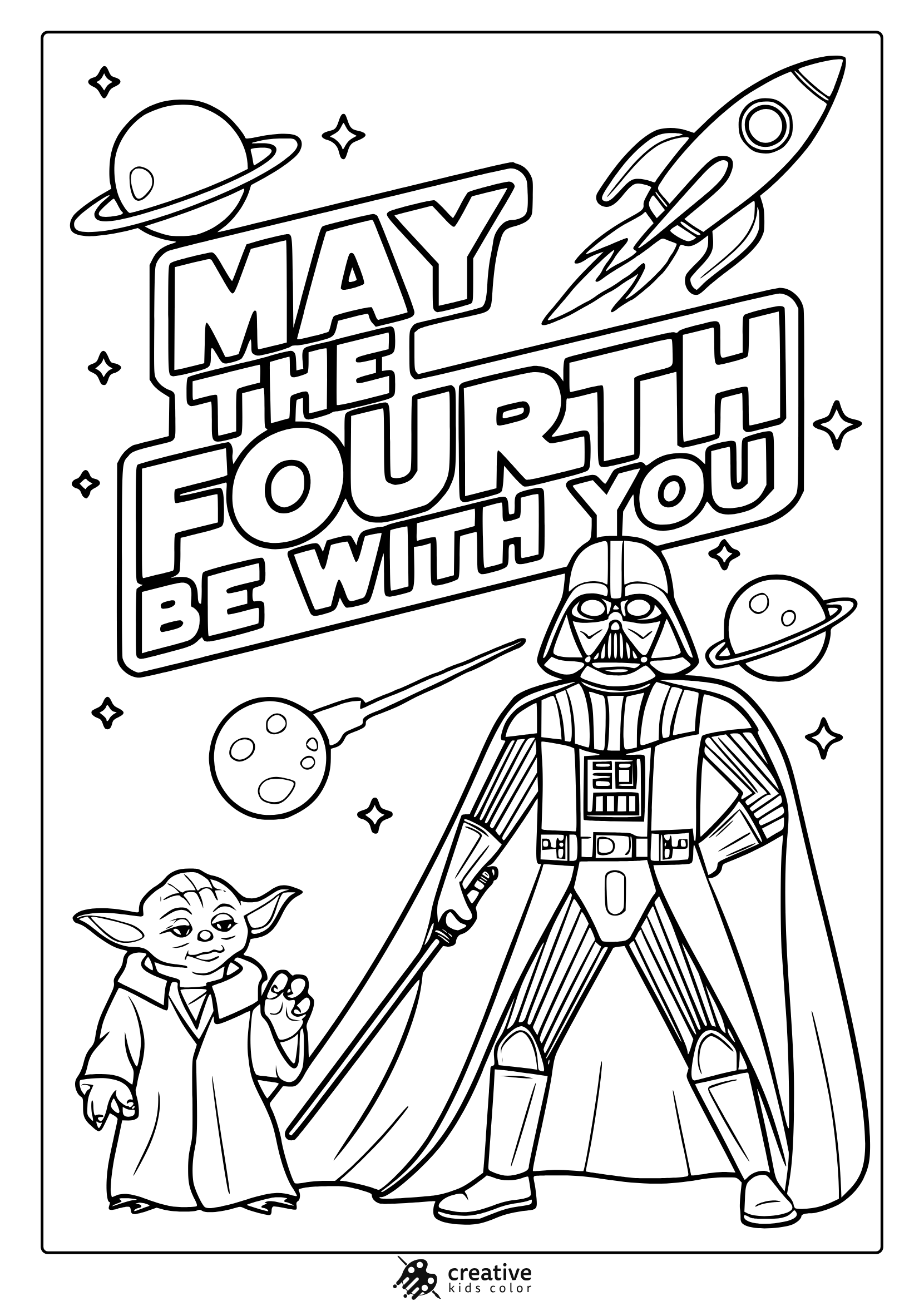 A May The Fourth Coloring Page With Baby Yoda, Darth Vader, Planets, Stars, And The Phrase 'May The Fourth Be With You'.