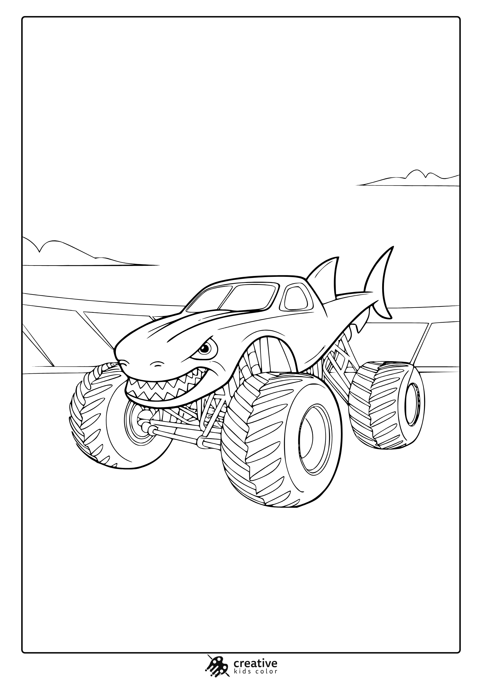 Megalodon Monster Truck With Shark Head Speeding Through A Stadium, Fierce And Fun Marine Themed Coloring Page.