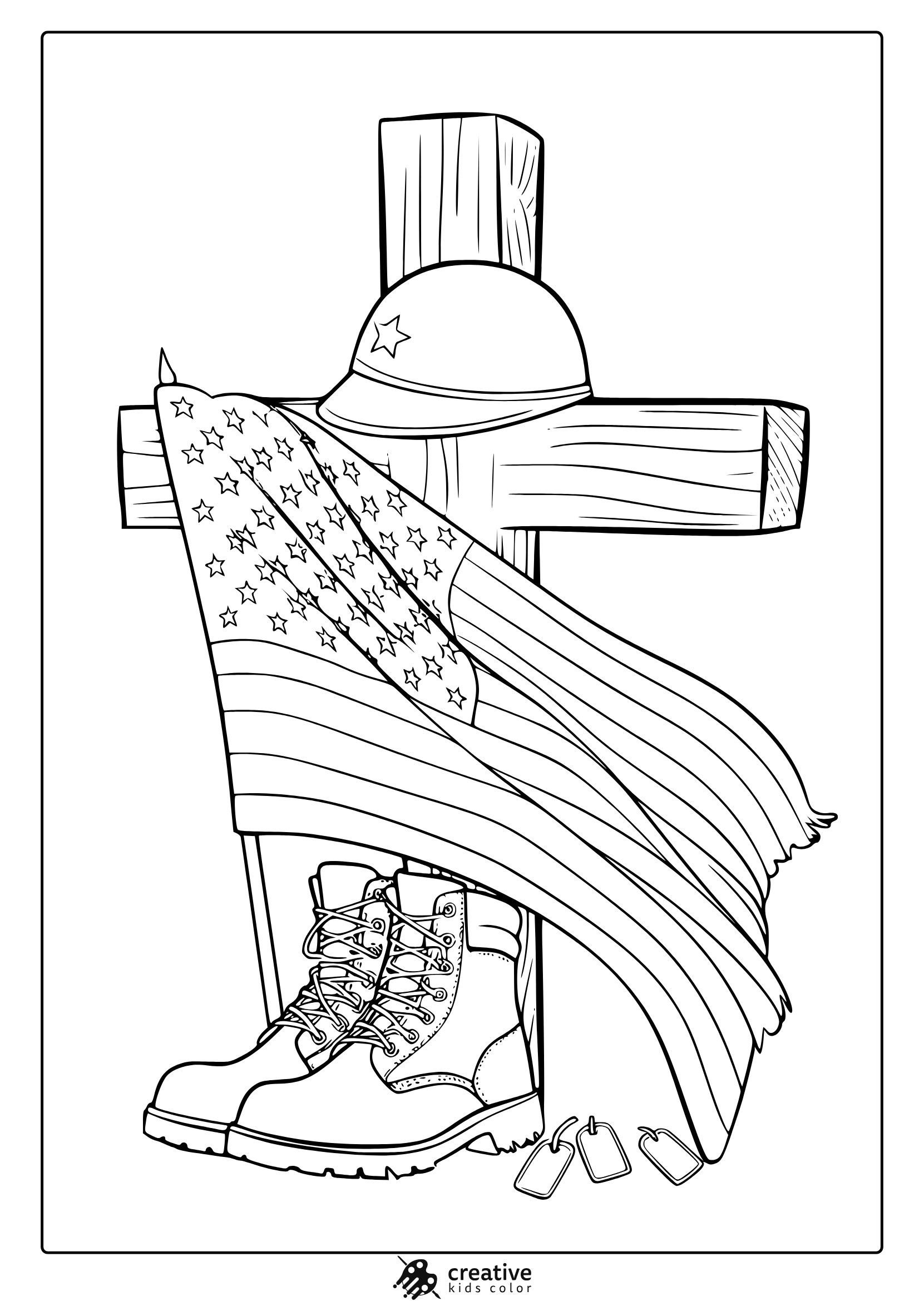 A Memorial Day Coloring Page With A Cross, An American Flag, A Military Helmet And Rugged Boots.