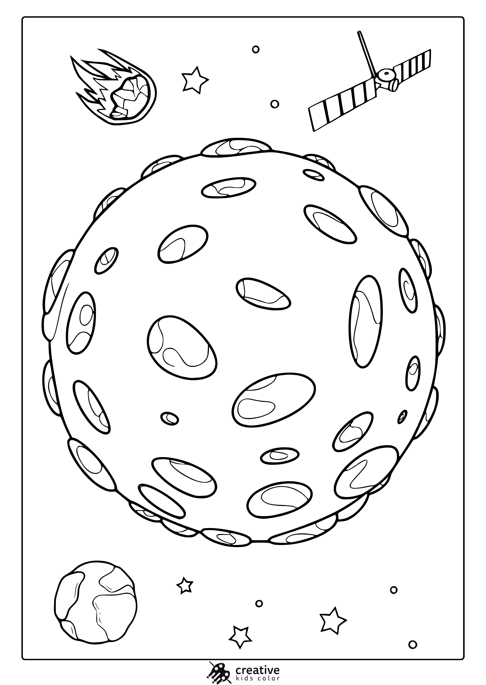 Mercury With Craters Comet Stars And Satellite. Bold And Fun Mercury Coloring Page With Cartoon Details.