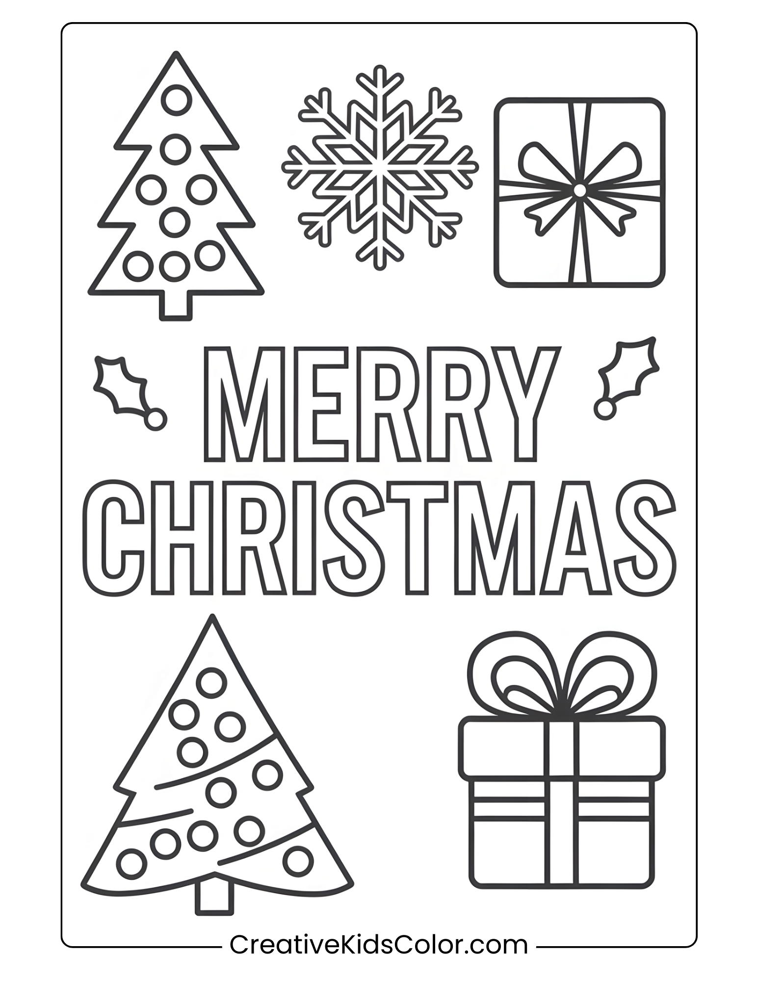 &Quot;Merry Christmas&Quot; Text With Various Christmas Icons Like Trees, Gifts, And Snowflakes In A Coloring Page.