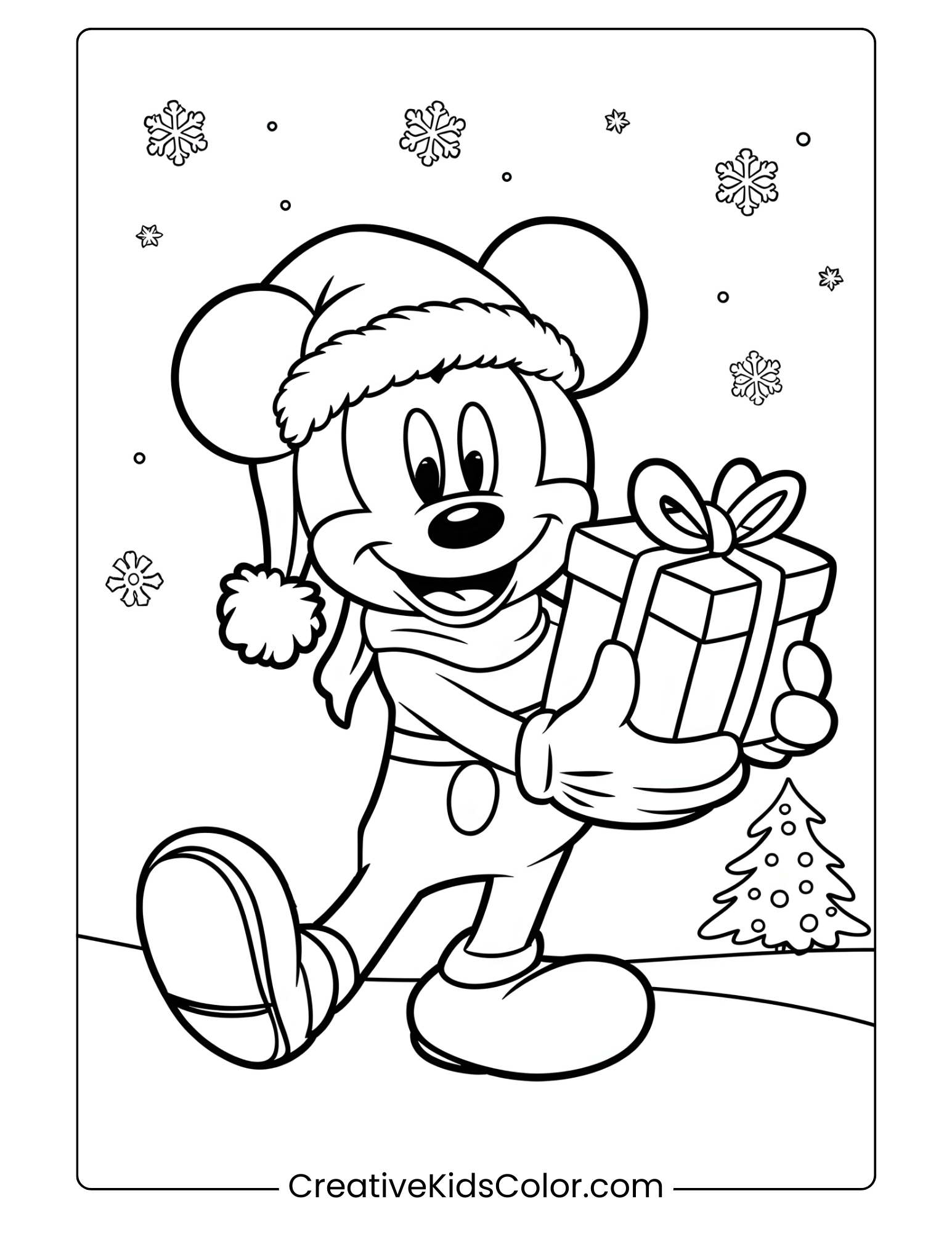Mickey Mouse In Christmas Attire, Holding A Wrapped Gift Box In A Festive Holiday Coloring Page.