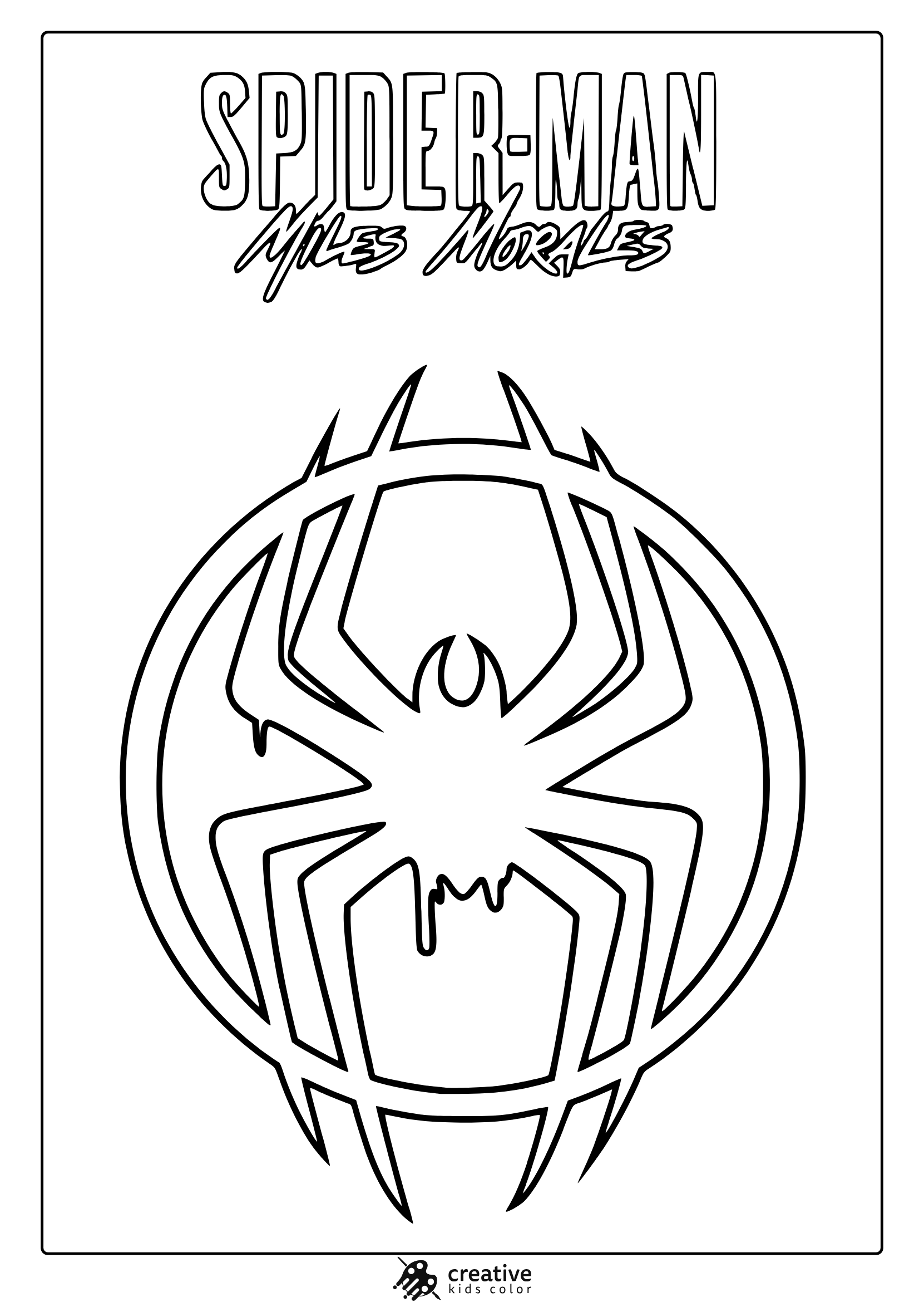 Spider-Man Miles Morales Coloring Page With Geometric Spider Emblem And Bold Text.