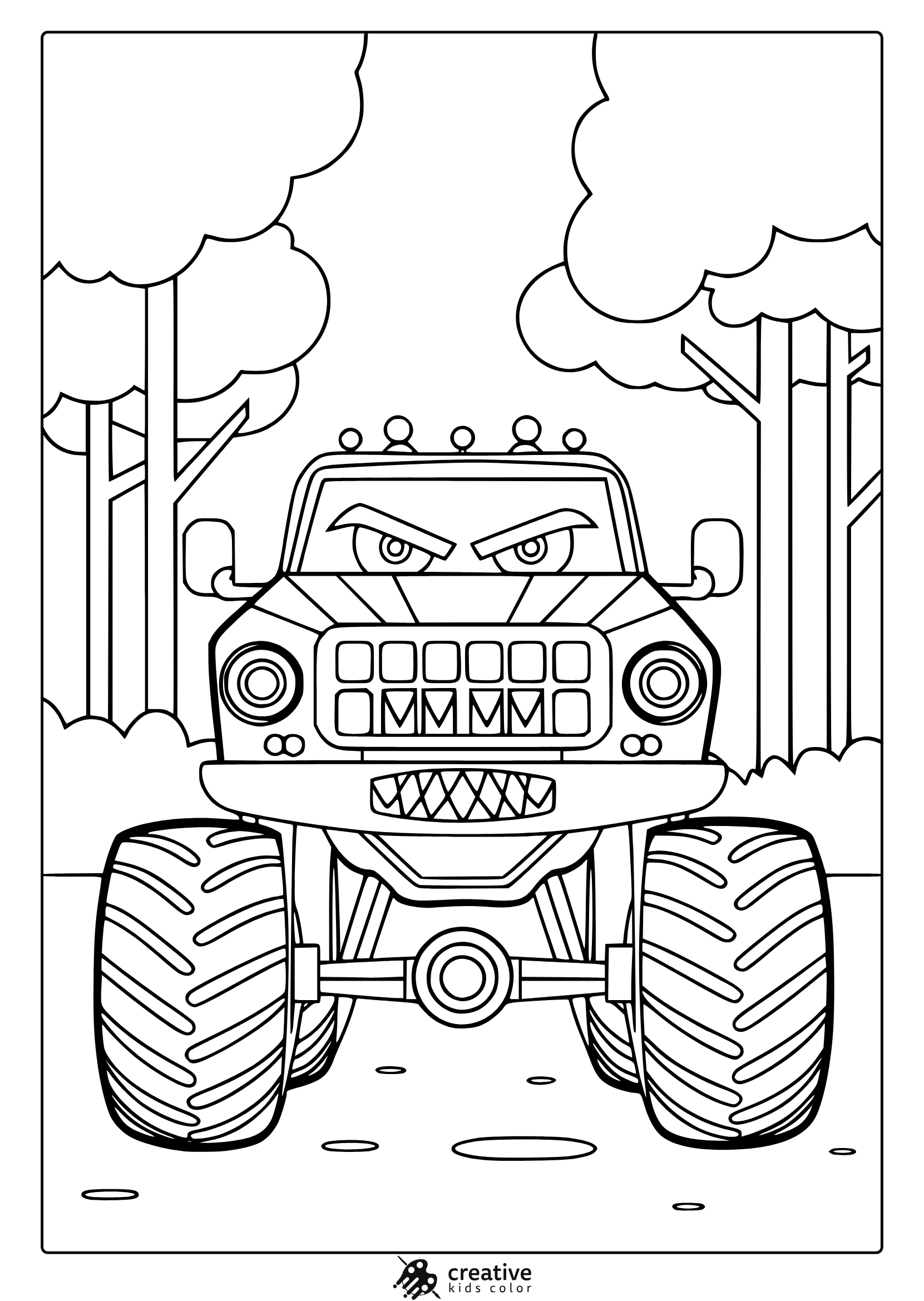Monster Face Truck With Sharp Teeth In A Natural Setting, Fierce And Spooky Themed Coloring Page.