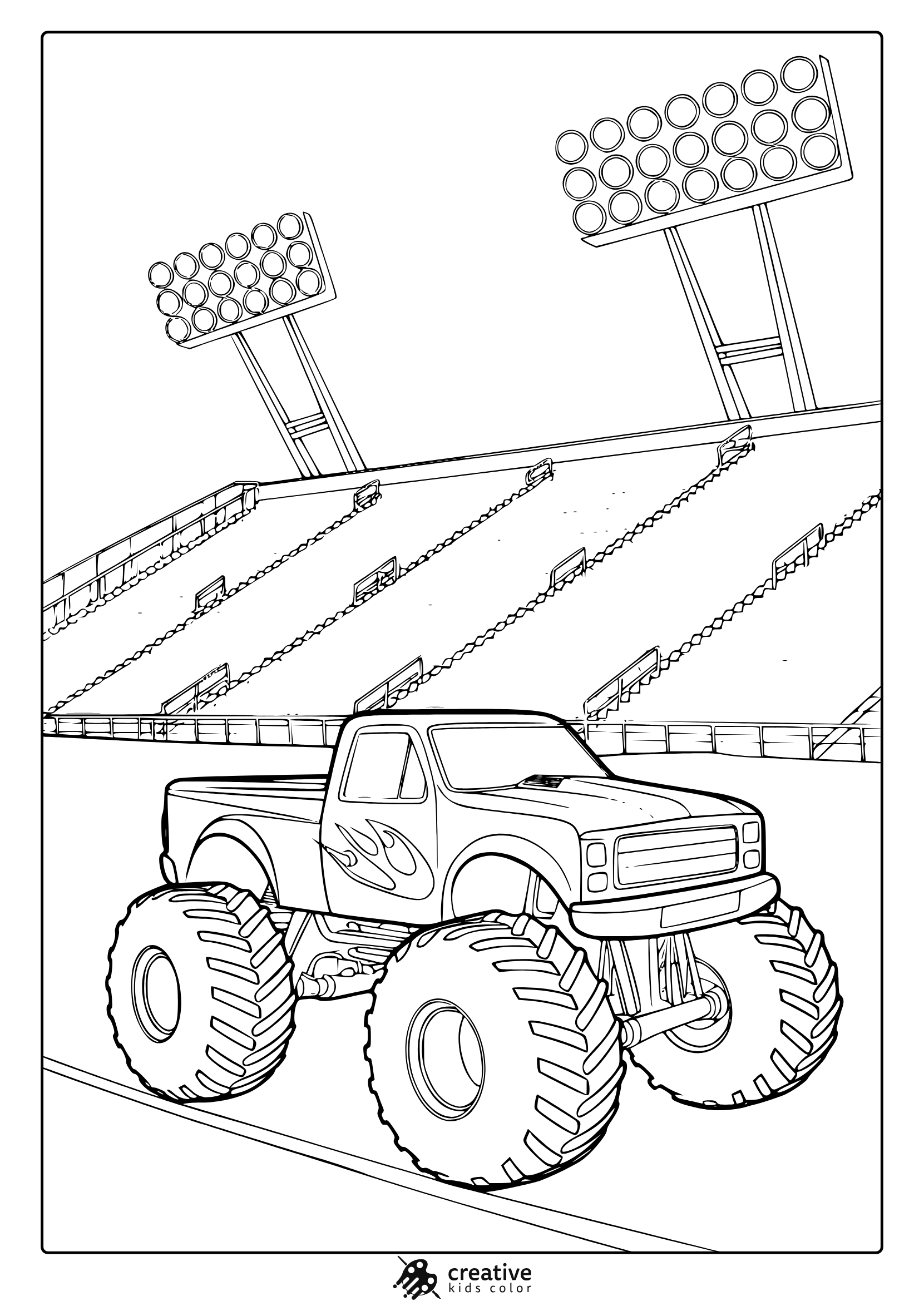 Monster Truck With Flame Design In Front Of A Stadium, High Energy Event Scene On A Coloring Page.