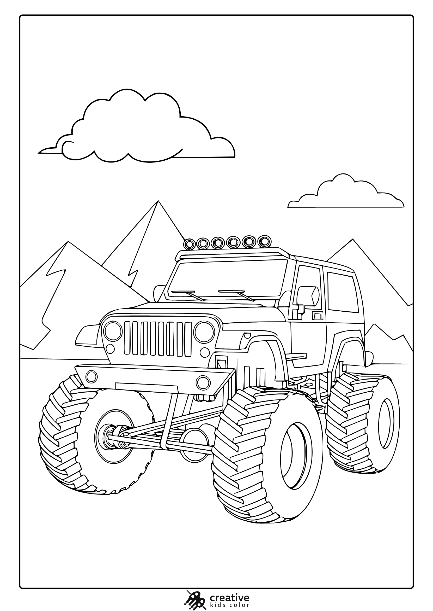Monster Truck Jeep With Large Wheels In A Mountain Scene, Rugged And Off Road Themed Coloring Page.