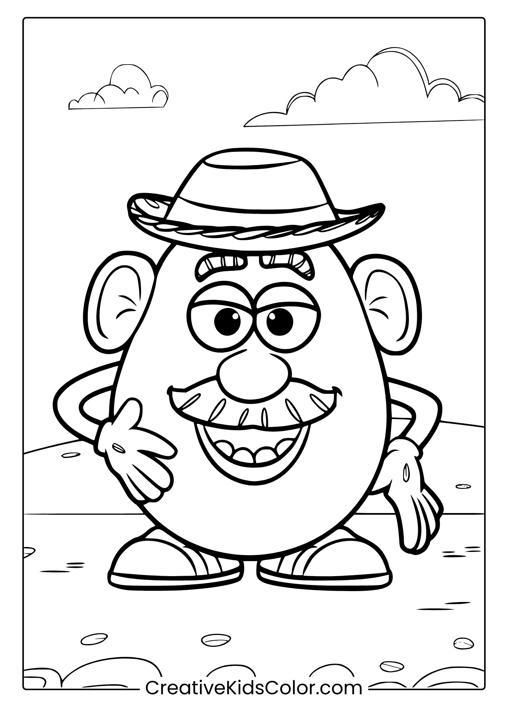 A Toy Story Mr. Potato Head Coloring Page Showing The Character Outdoors With Sunglasses, A Hat, And A Cheerful Expression.