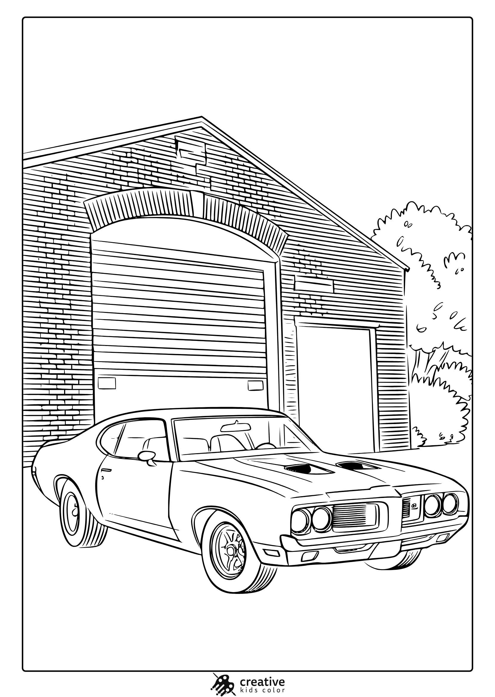 A Classic Muscle Car With A Wide Grille In Front Of A Garage, Perfect For A Muscle Car Coloring Page.