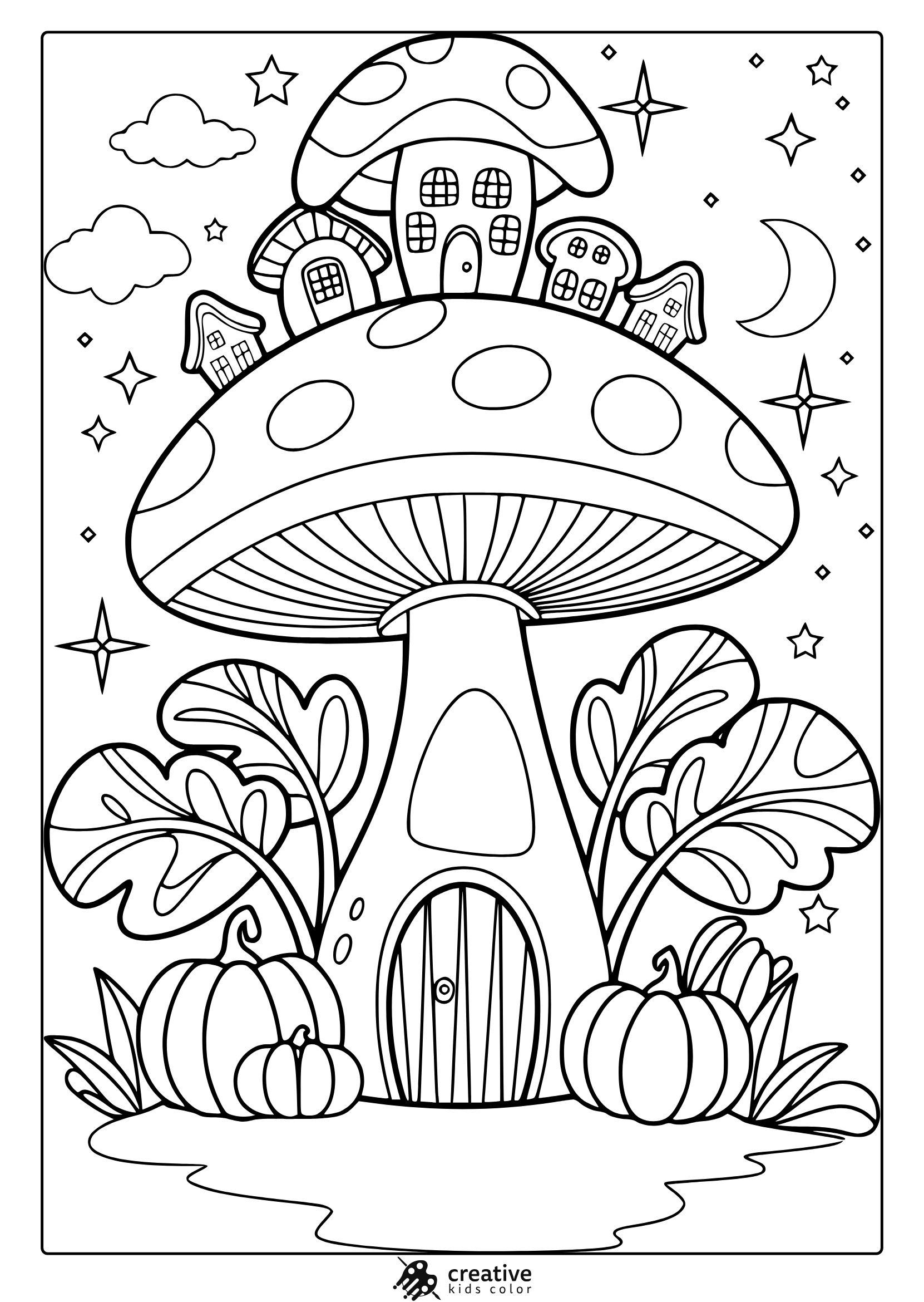 Fantasy Mushroom City With Mini Houses And A Starry Sky Featured In This Imaginative Coloring Page.