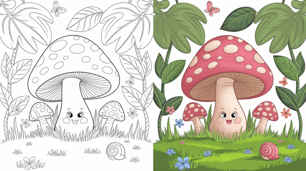 Mushroom Coloring Page Cover, Left Side Black And White, Right Side Colored In A Fun, Nature-Filled Scene.