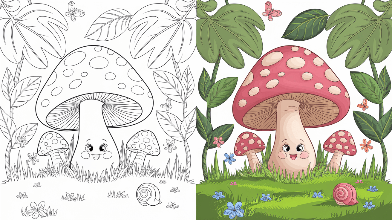 Mushroom Coloring Page Cover, Left Side Black And White, Right Side Colored In A Fun, Nature-Filled Scene.