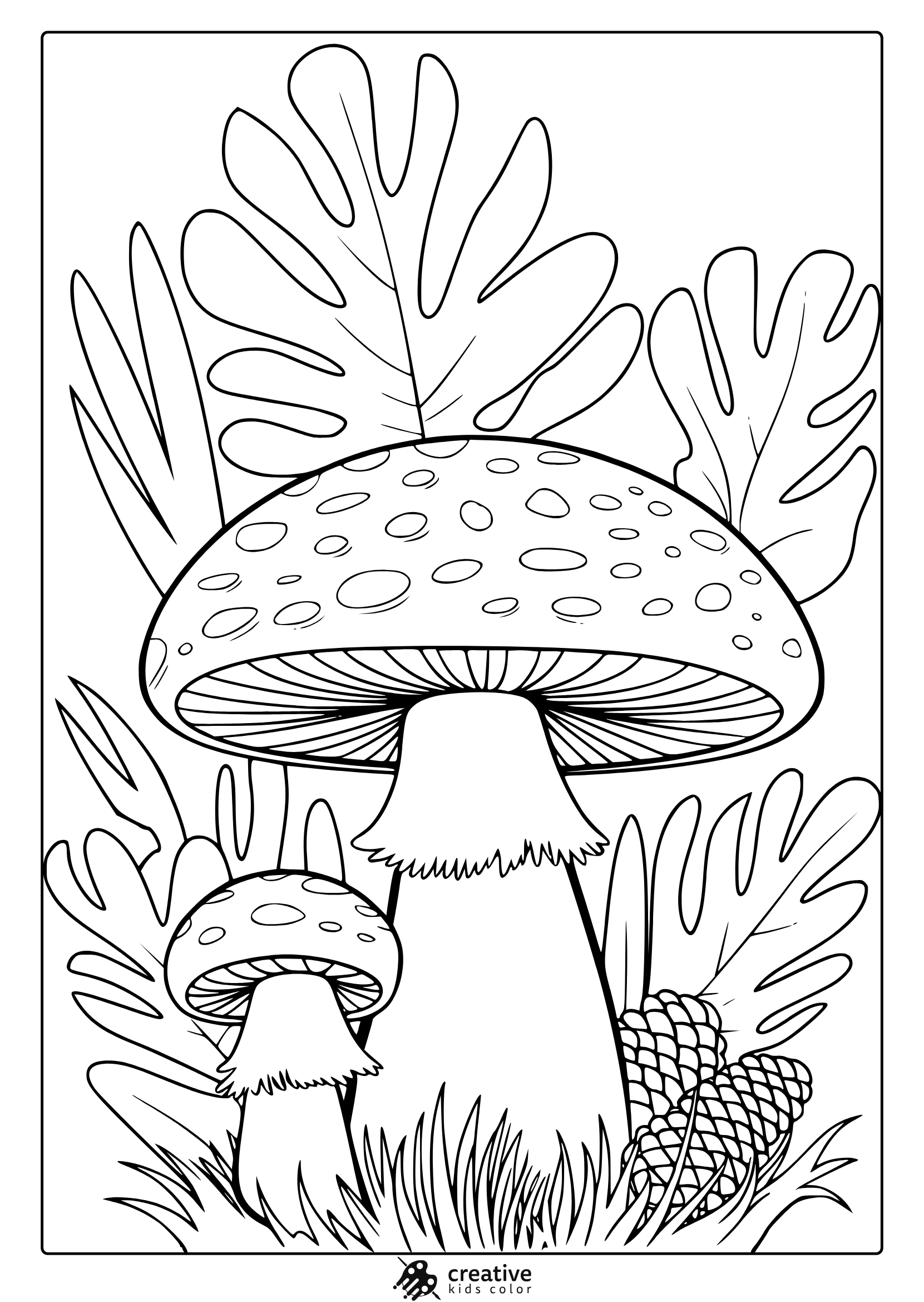 Forest Mushrooms With Slender Stems And Ferns In A Calm, Natural Setting On This Coloring Page.