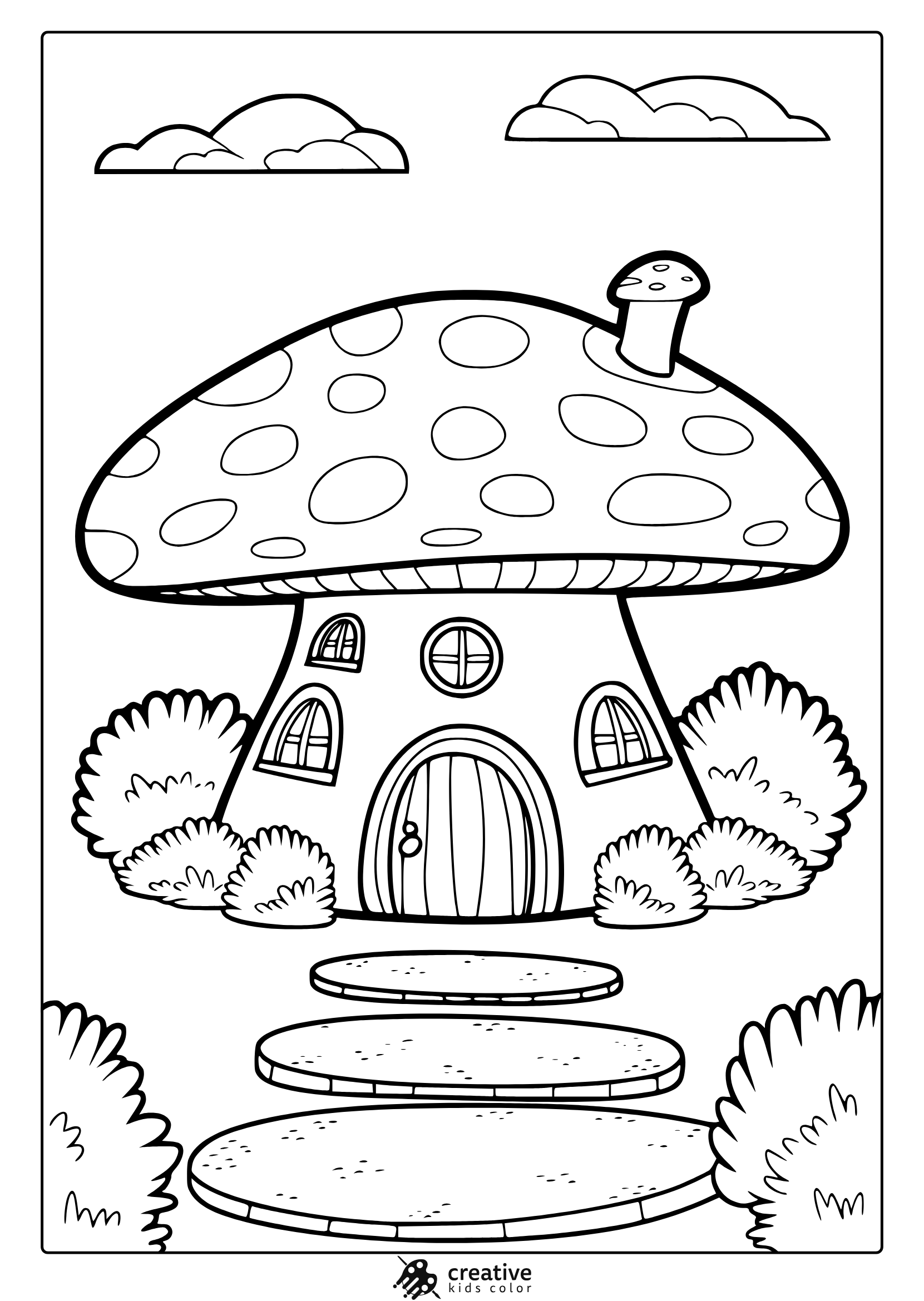 Whimsical Mushroom-Shaped House With Windows And Chimney In A Magical Setting For A Fun Coloring Page.