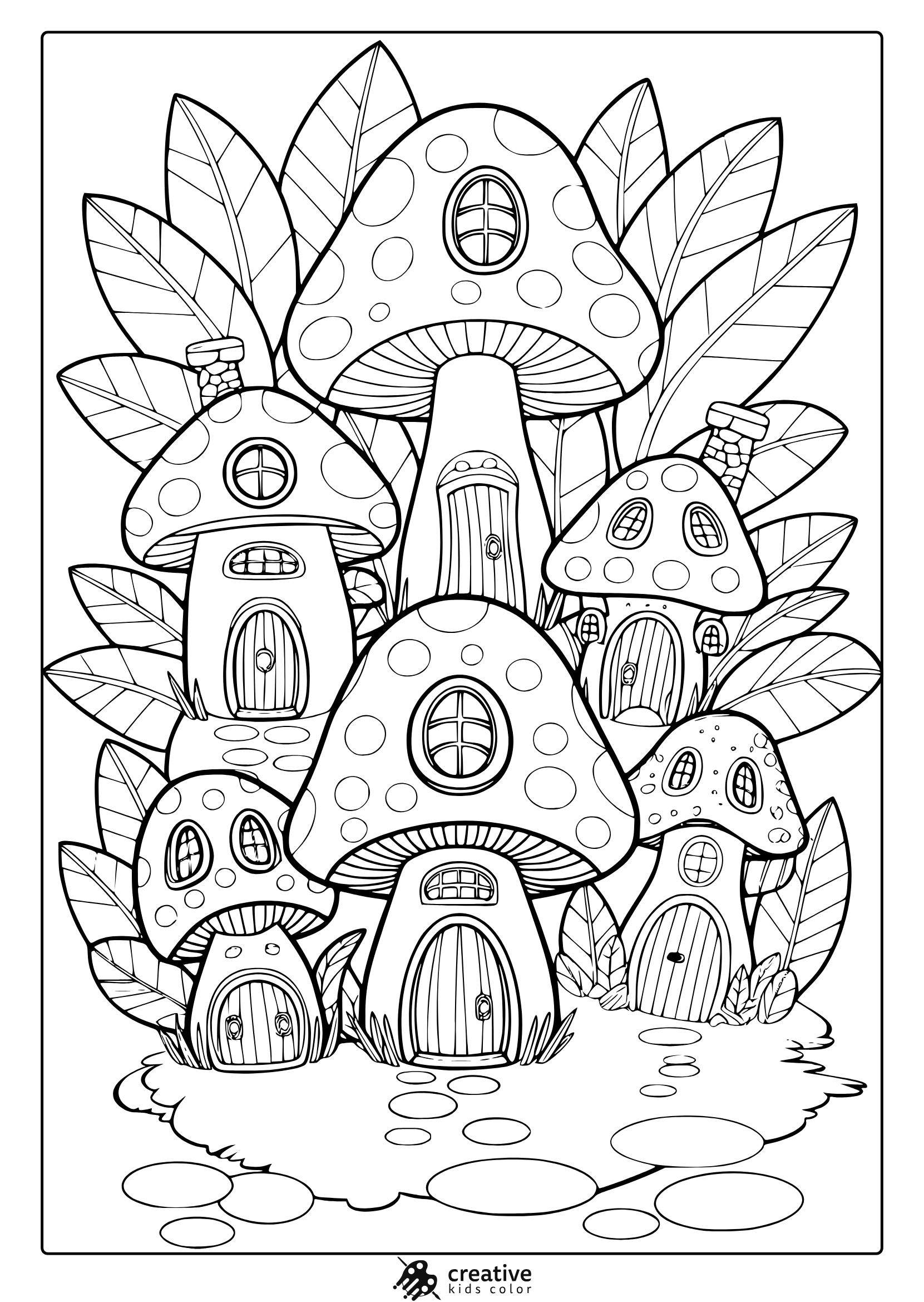 Cozy Mushroom Village With Tiny Homes And Pathways Featured In This Charming Coloring Page.