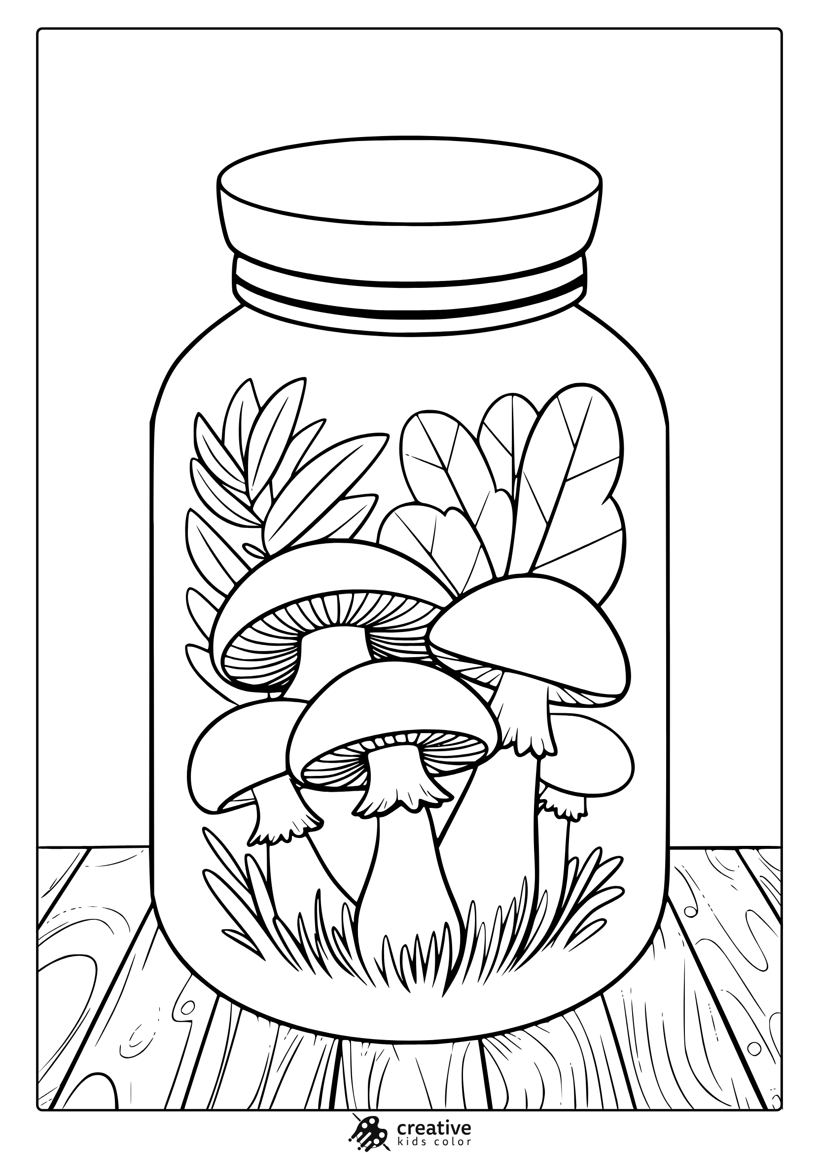 Mushrooms And Leaves Arranged In A Jar On A Flat Surface In This Cozy And Creative Coloring Page.
