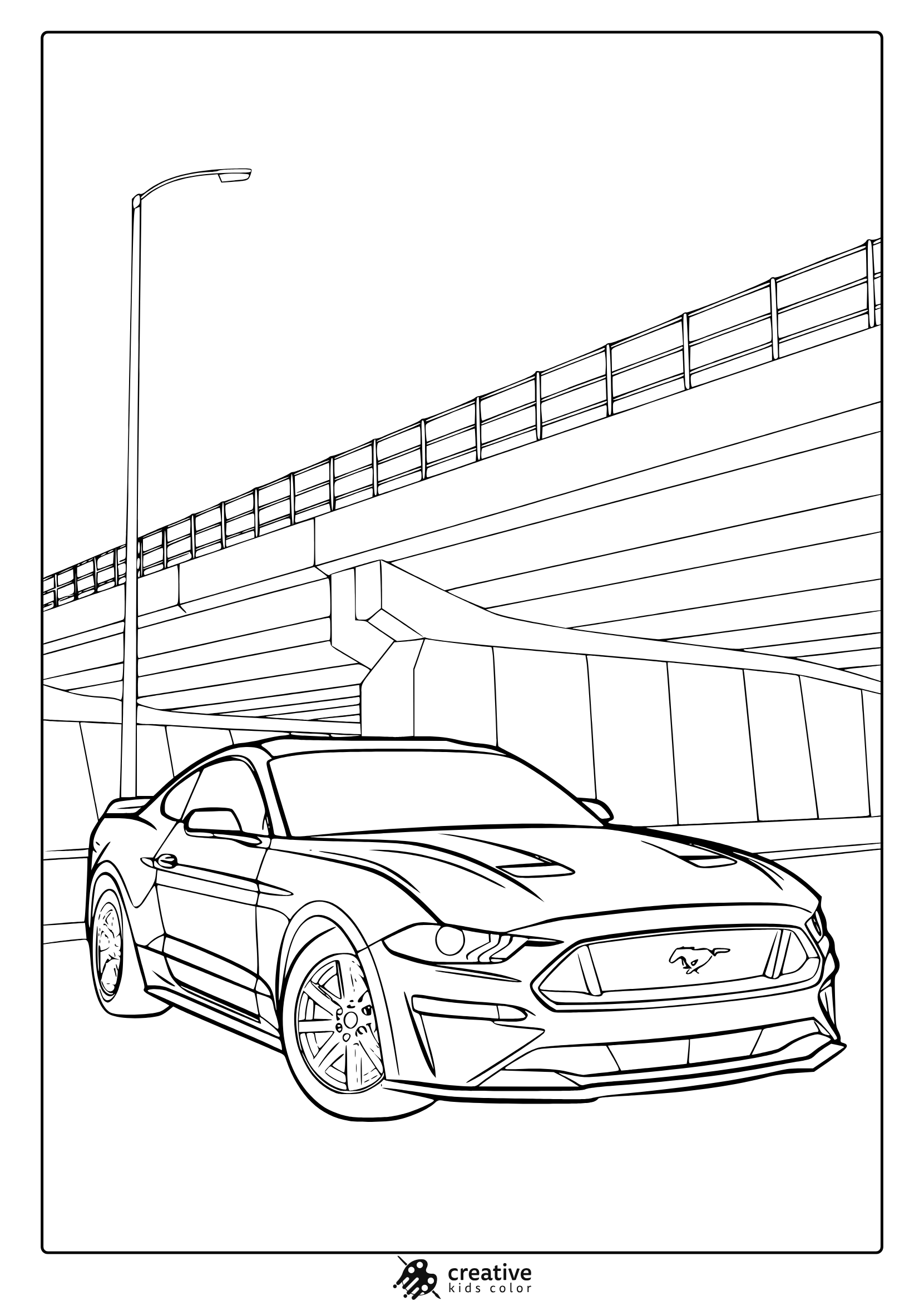 A Detailed Mustang Sports Car Under An Overpass, Great For A Mustang Car Coloring Page.