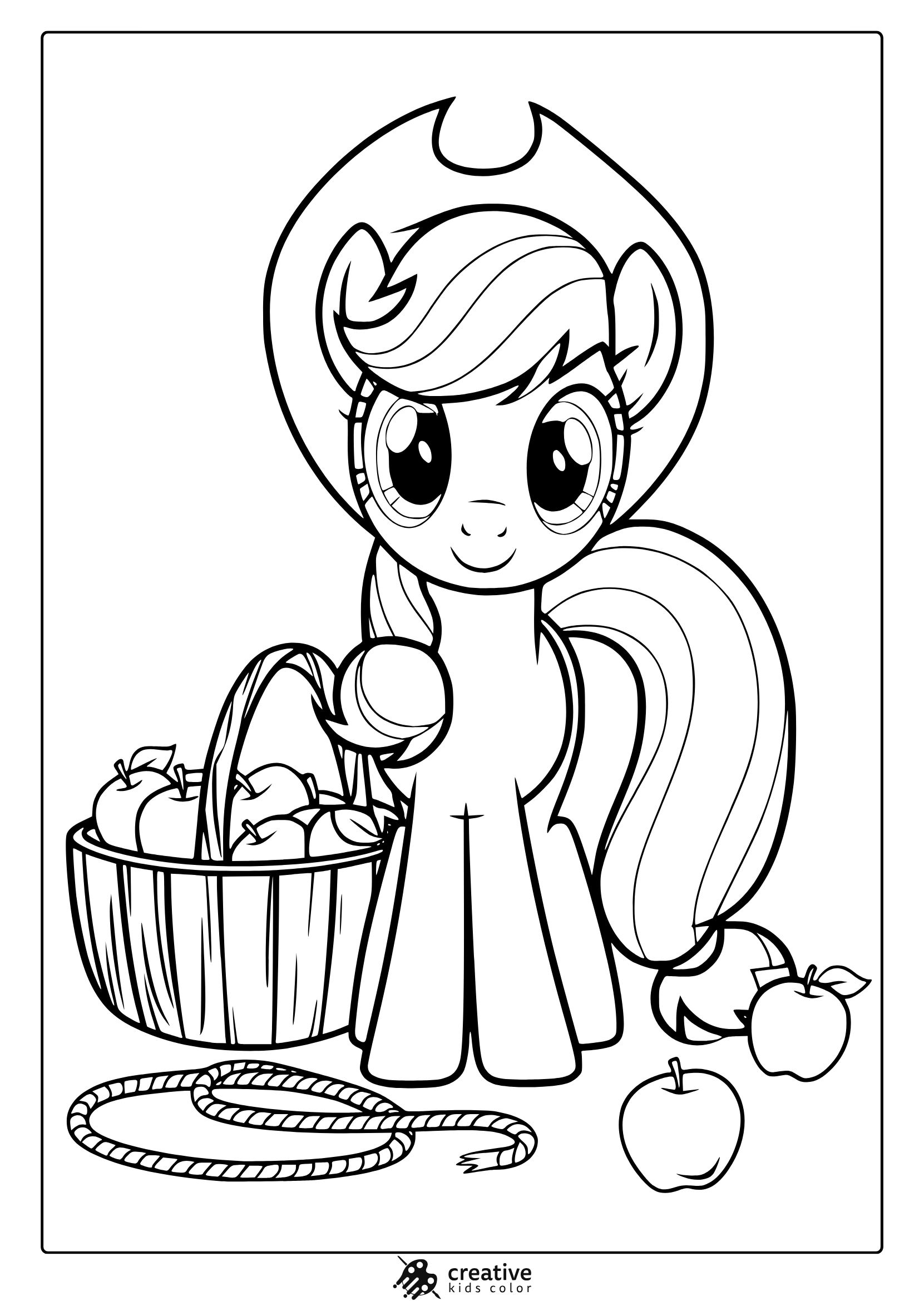 Applejack Coloring Page With A Basket Of Apples And A Country Theme.