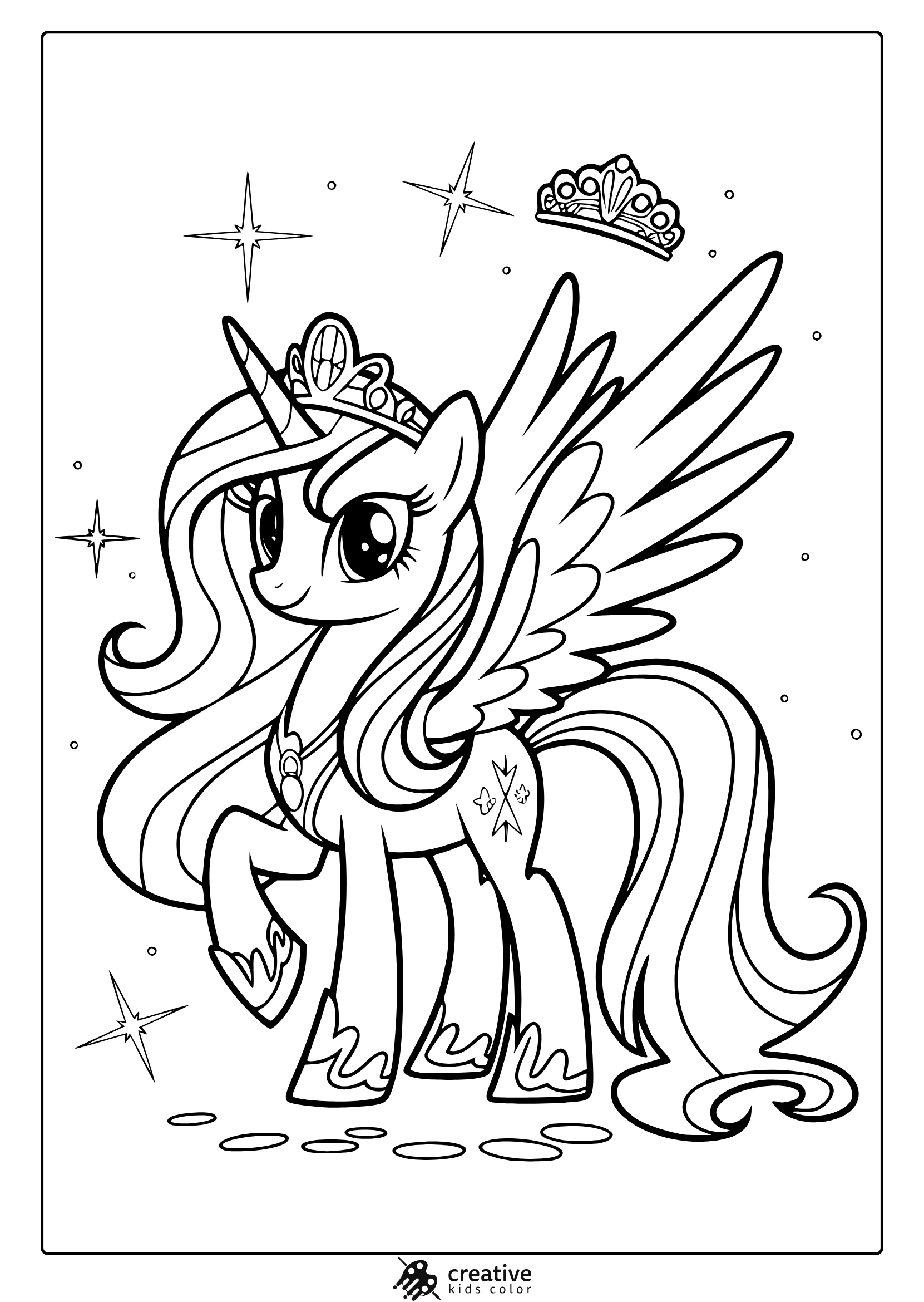 Princess Cadence Coloring Page With Wings, A Crown, And Stars.