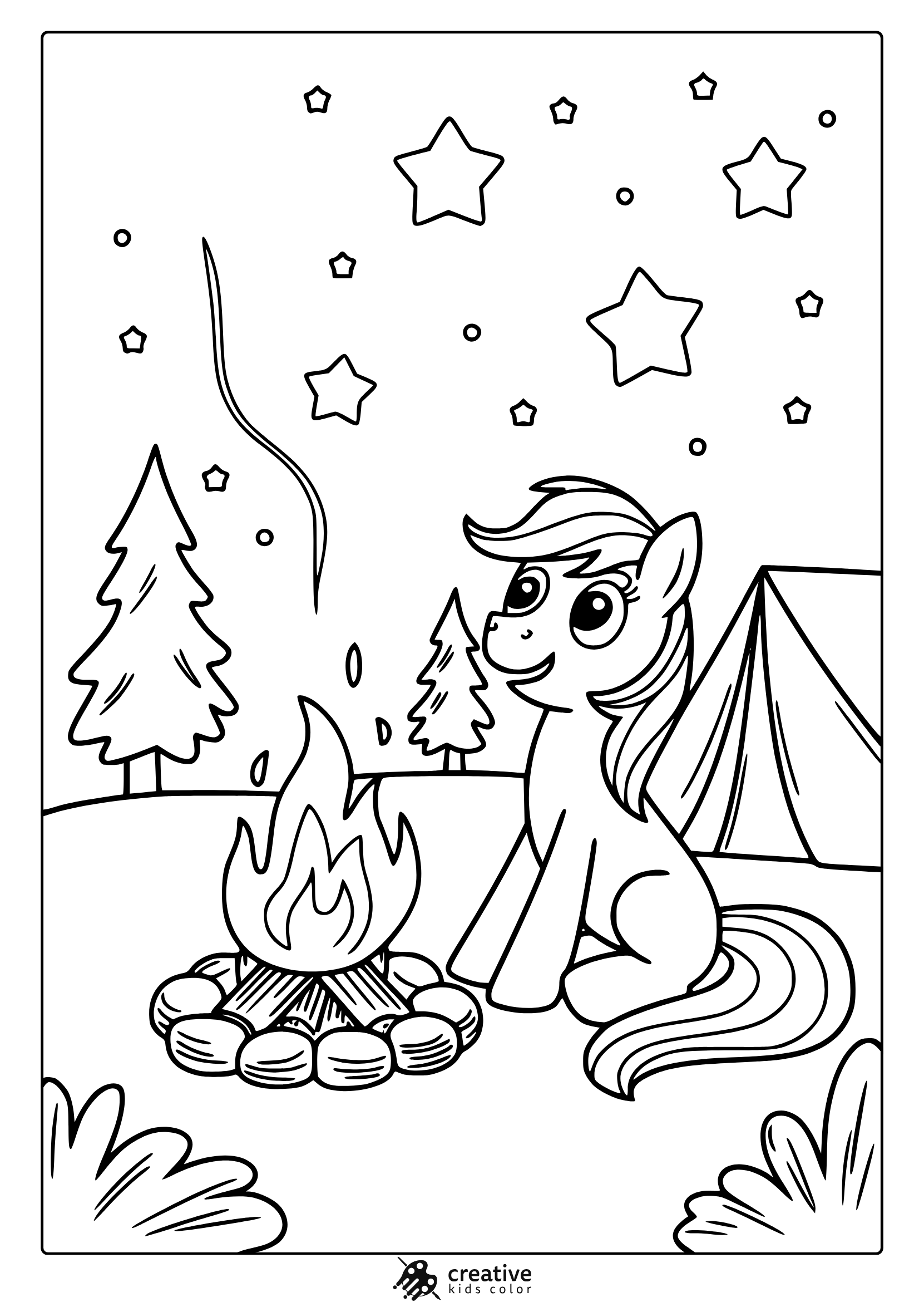 My Little Pony Camping Trip Coloring Page With A Pony And Campfire.