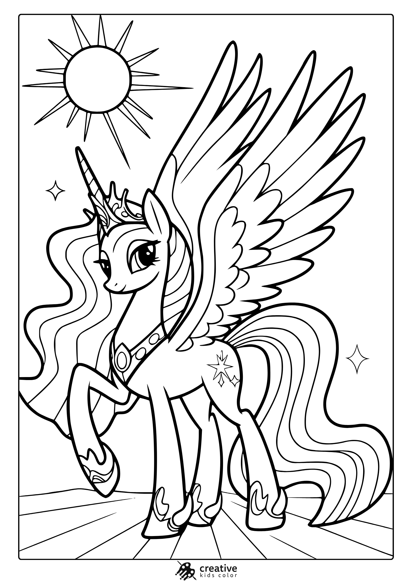 Princess Celestia Coloring Page With Wings, Sun, And Celestial Elements.