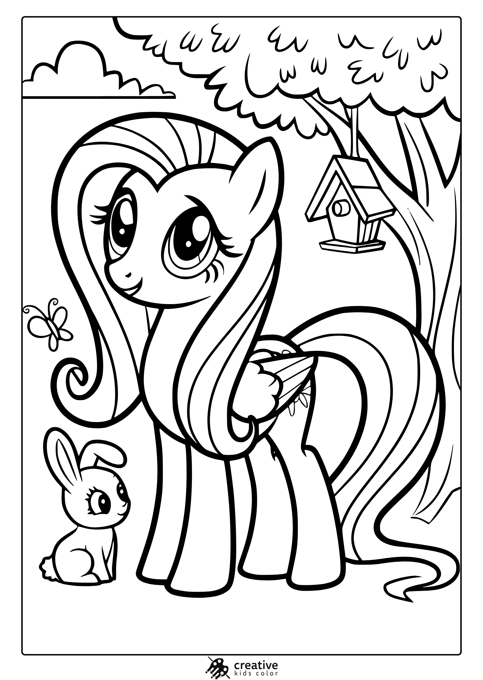 Fluttershy Coloring Page With A Rabbit, Butterfly, And Peaceful Outdoor Scene.