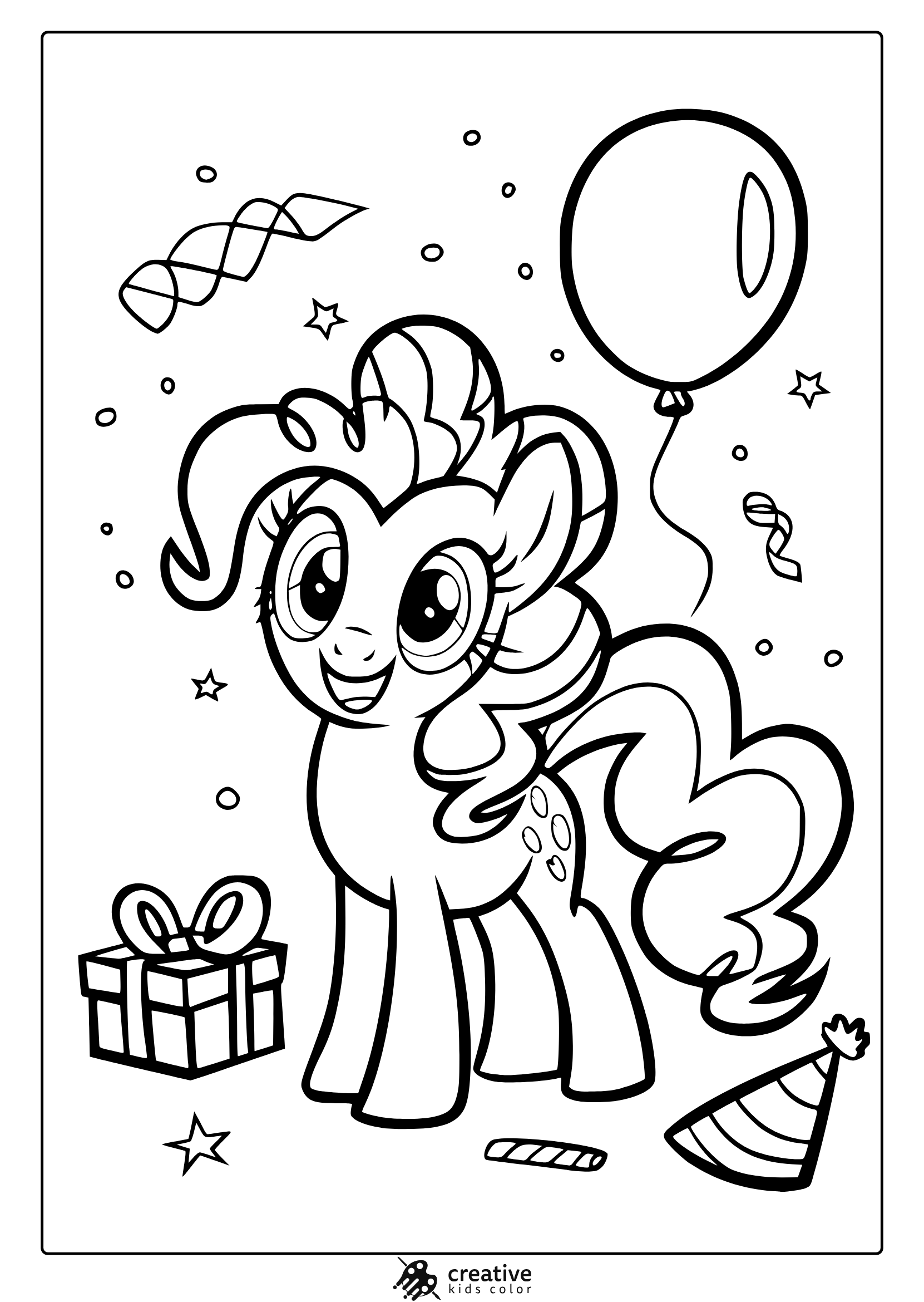 Pinkie Pie Coloring Page With Balloons, Confetti, And A Cheerful Party Theme.