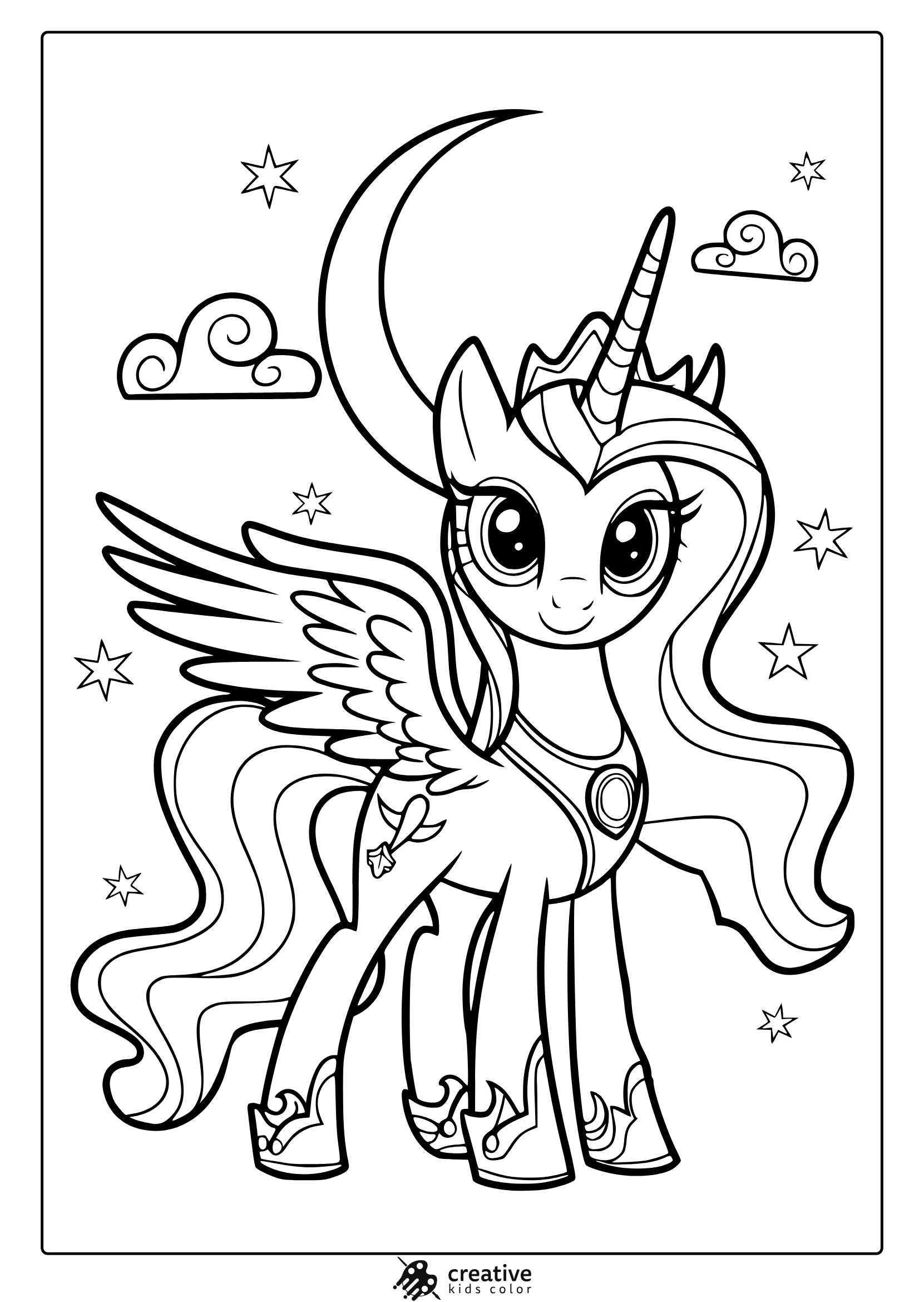 Princess Luna Coloring Page With Wings, A Crescent Moon, And Stars.