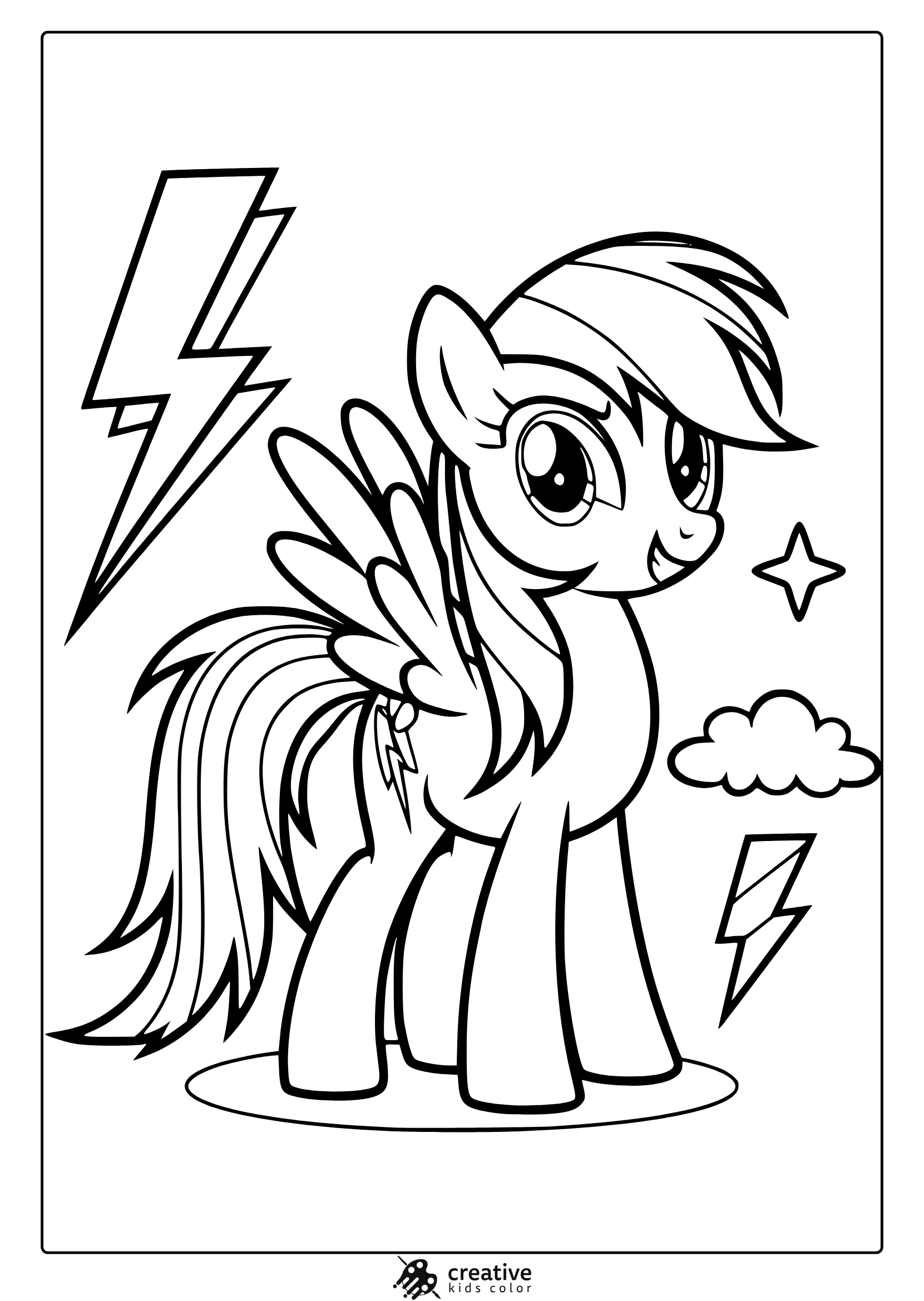 Rainbow Dash Coloring Page With Lightning Bolts And A Cloud-Filled Sky.