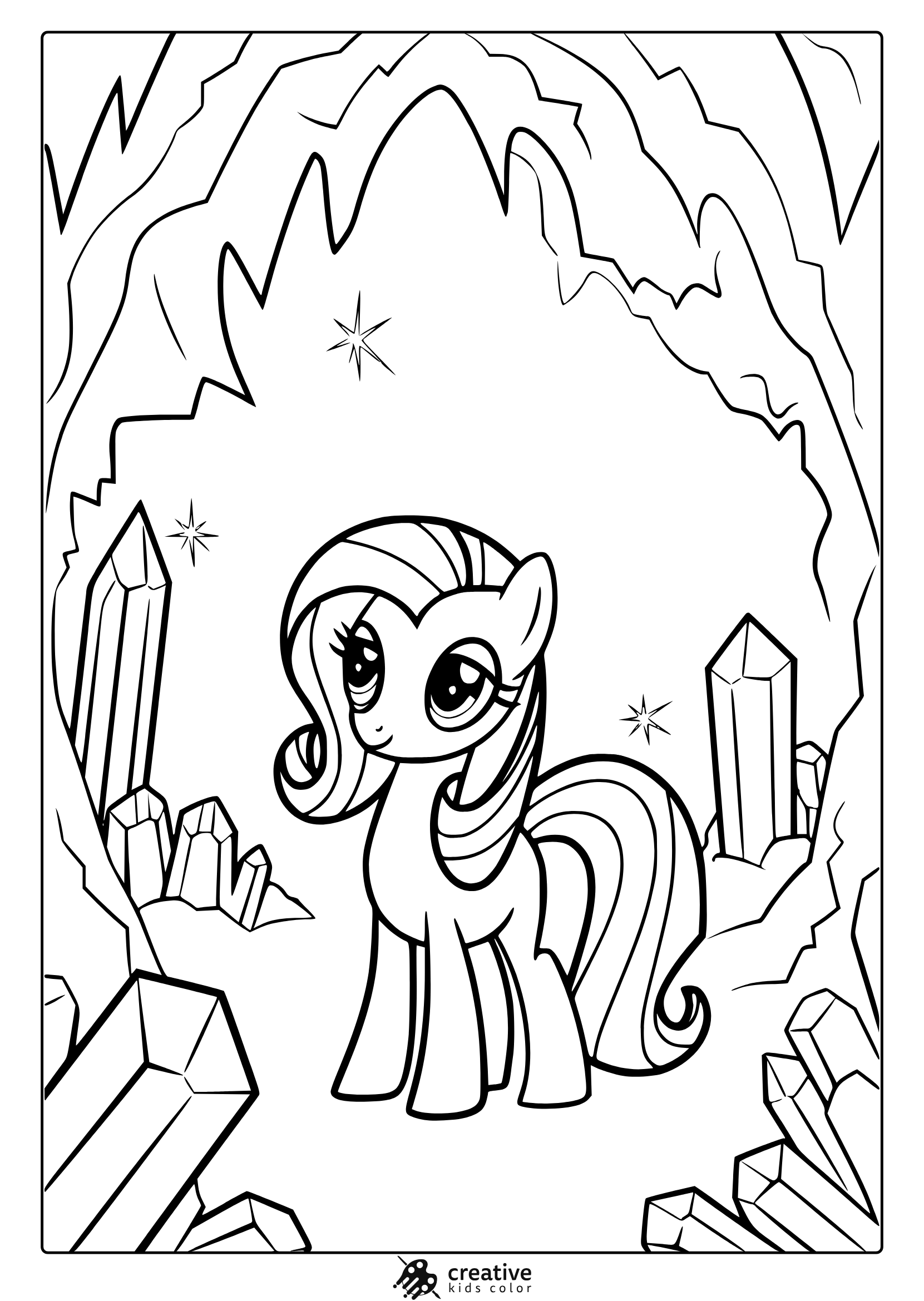 My Little Pony Crystal Cave Coloring Page With A Unicorn And Glowing Crystals.
