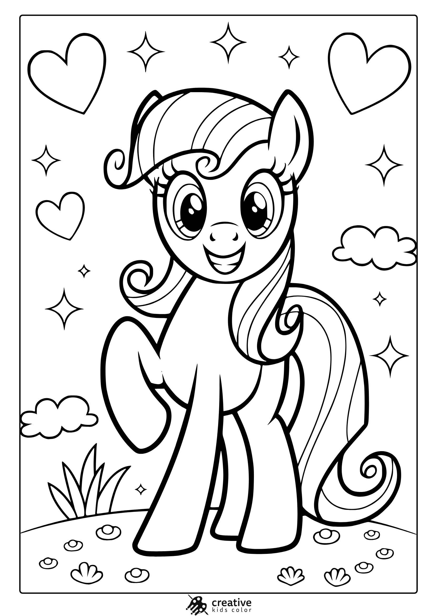 My Little Pony Friendship Day Coloring Page With Hearts, Clouds, And Flowers.