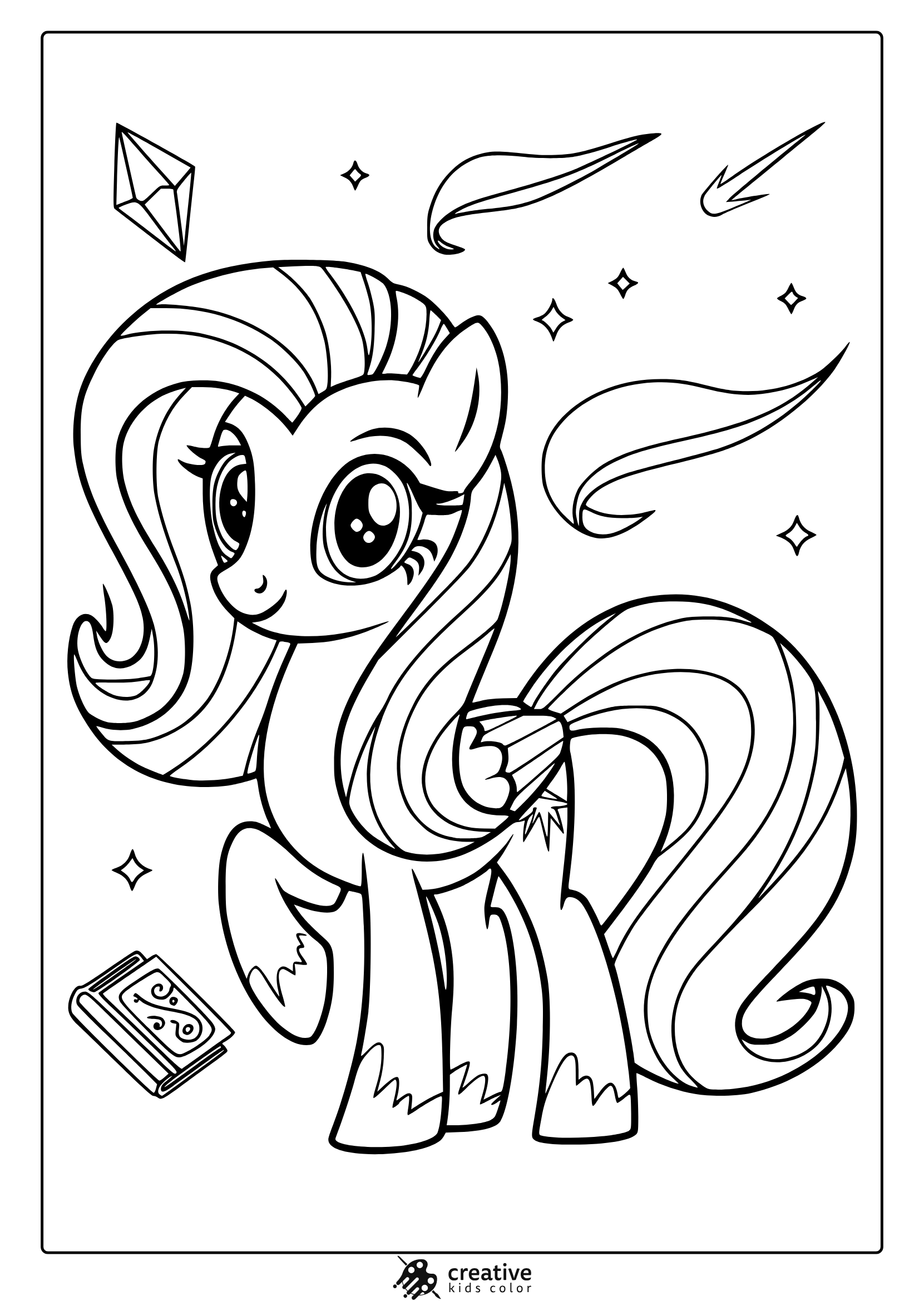 My Little Pony Friendship Is Magic Coloring Page Featuring A Magical Pony, Books, And Stars.