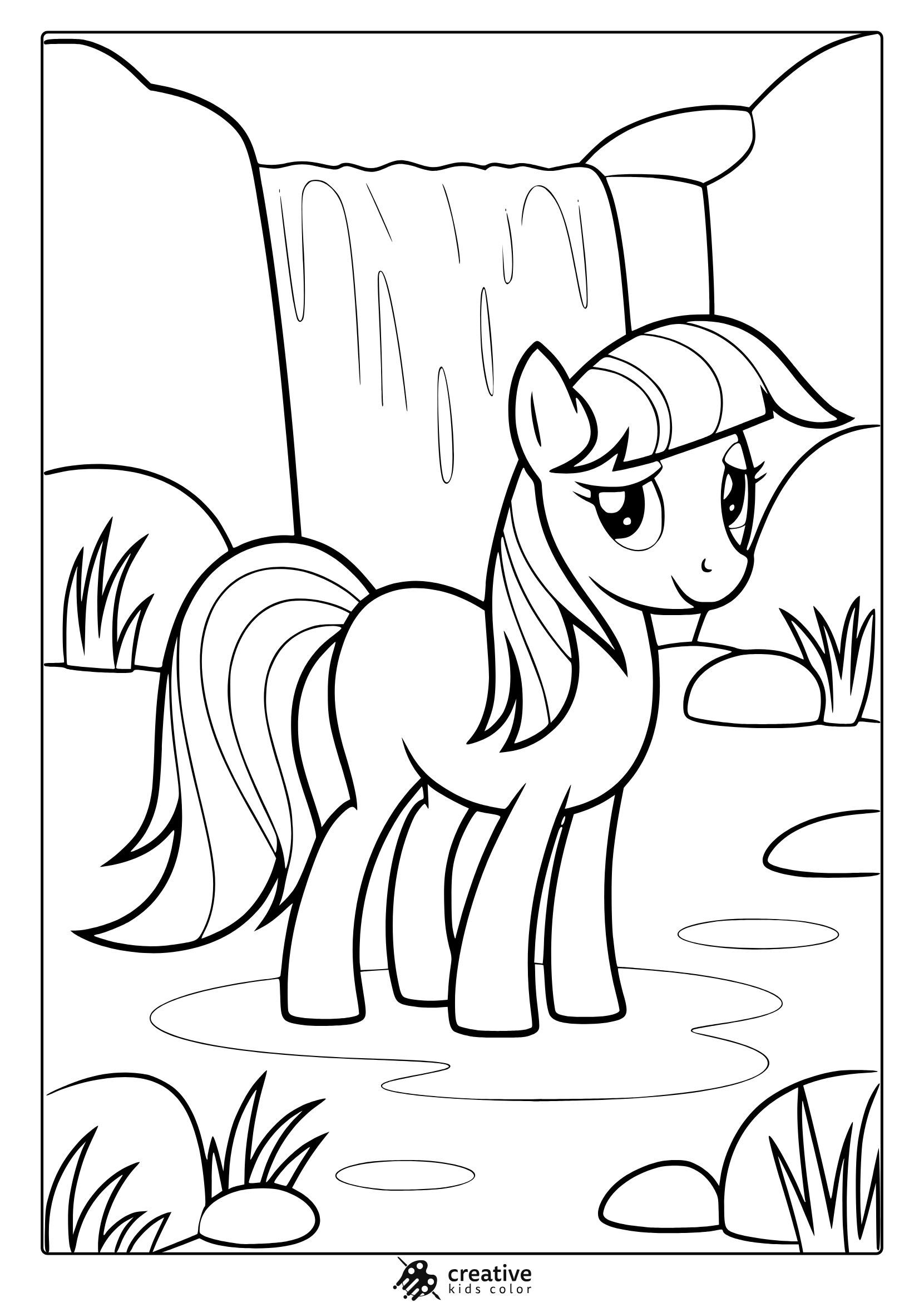 My Little Pony Magical Waterfall Coloring Page With A Pony And Flowing Water.