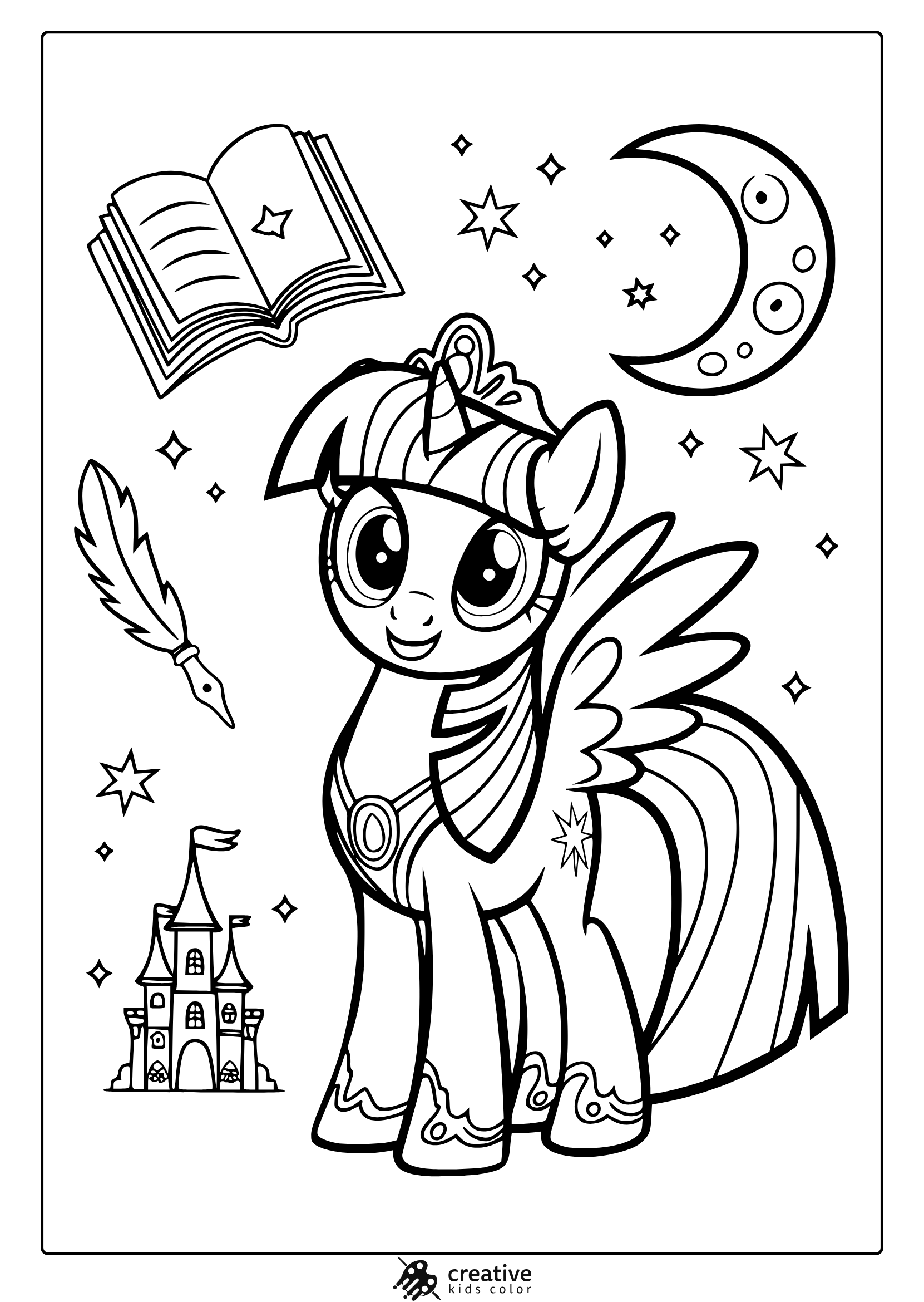 Princess Twilight Sparkle Coloring Page With A Book, Moon, And Stars.