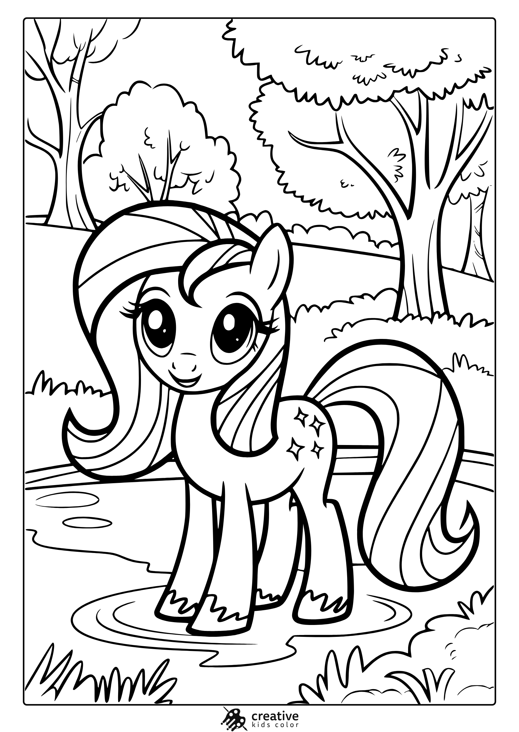 My Little Pony Simple Forest Coloring Page With Trees, A Stream, And A Pony.